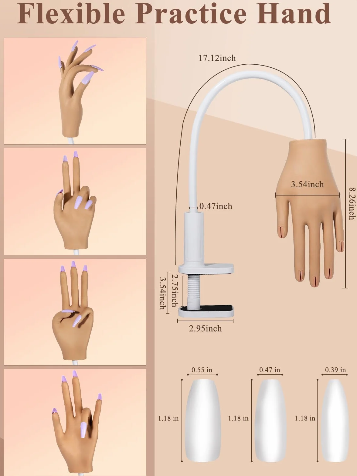 Yokilly Main d Entrainement Pour Ongle,Silicone Main D'entrainement Manucure Avec 200 Faux Ongles,Professionnels Flexible Réglables Modèle Main Femelle Pour Ongle (Mains Le Brun)
