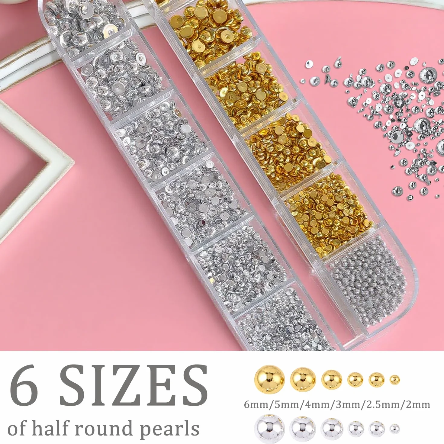 Boîte 3D Flatback Perle Ongle Argent et Or, Demi-Rondes Métal Nail Art