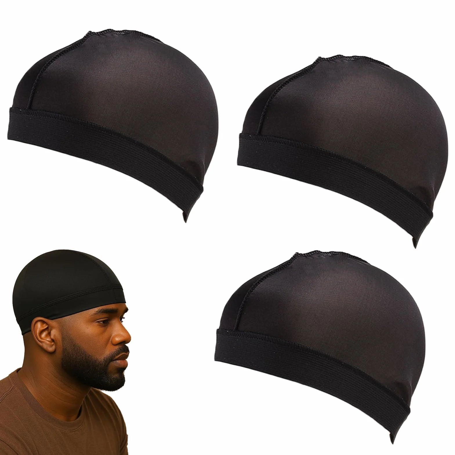 Lot de 3 Bonnets Ondulés Soyeux Satin Homme Wave Cap Noir Unisexe Sommeil Douche