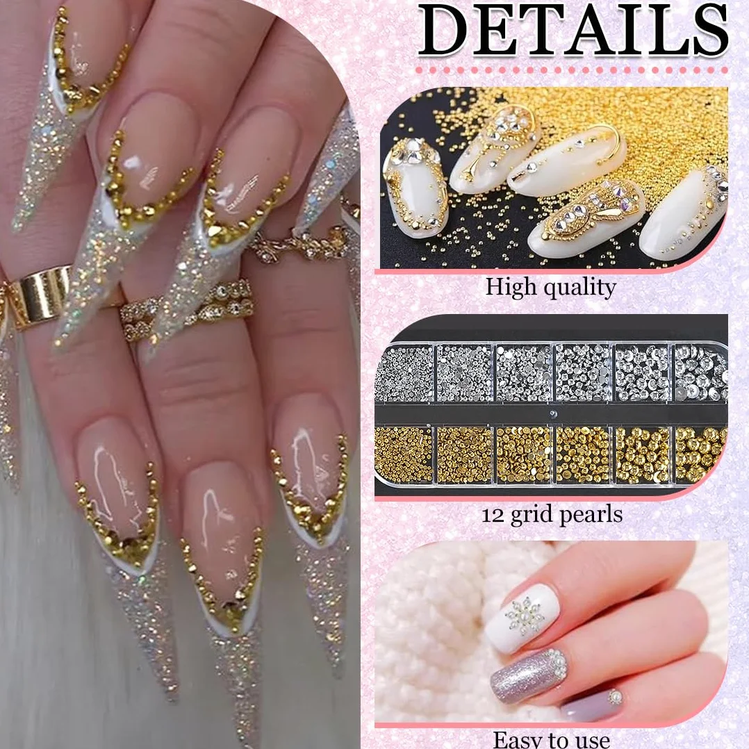 Boîte Blanc Perles Ongles Demi Rond Bijoux Nail Art Perles Couleur Or Argent Mini Nail Caviar Beads Strass Accessoires