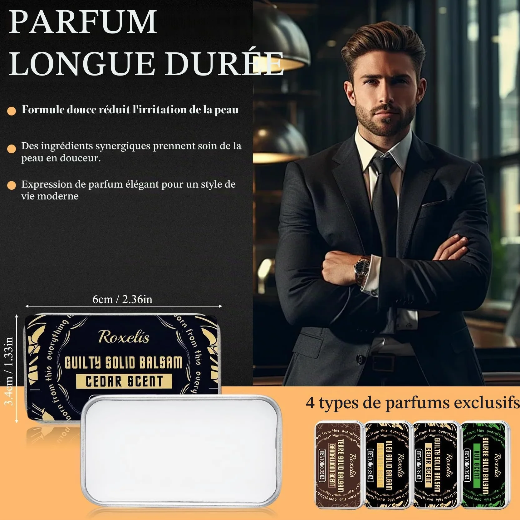 4 pièces Parfum solide pour homme, parfum masculin aux phéromones | vétiver, cèdre, sauge, santal, parfum pour homme automne-hiver, coffret de parfum format voyage, cadeau pour homme (4 x 10 g)