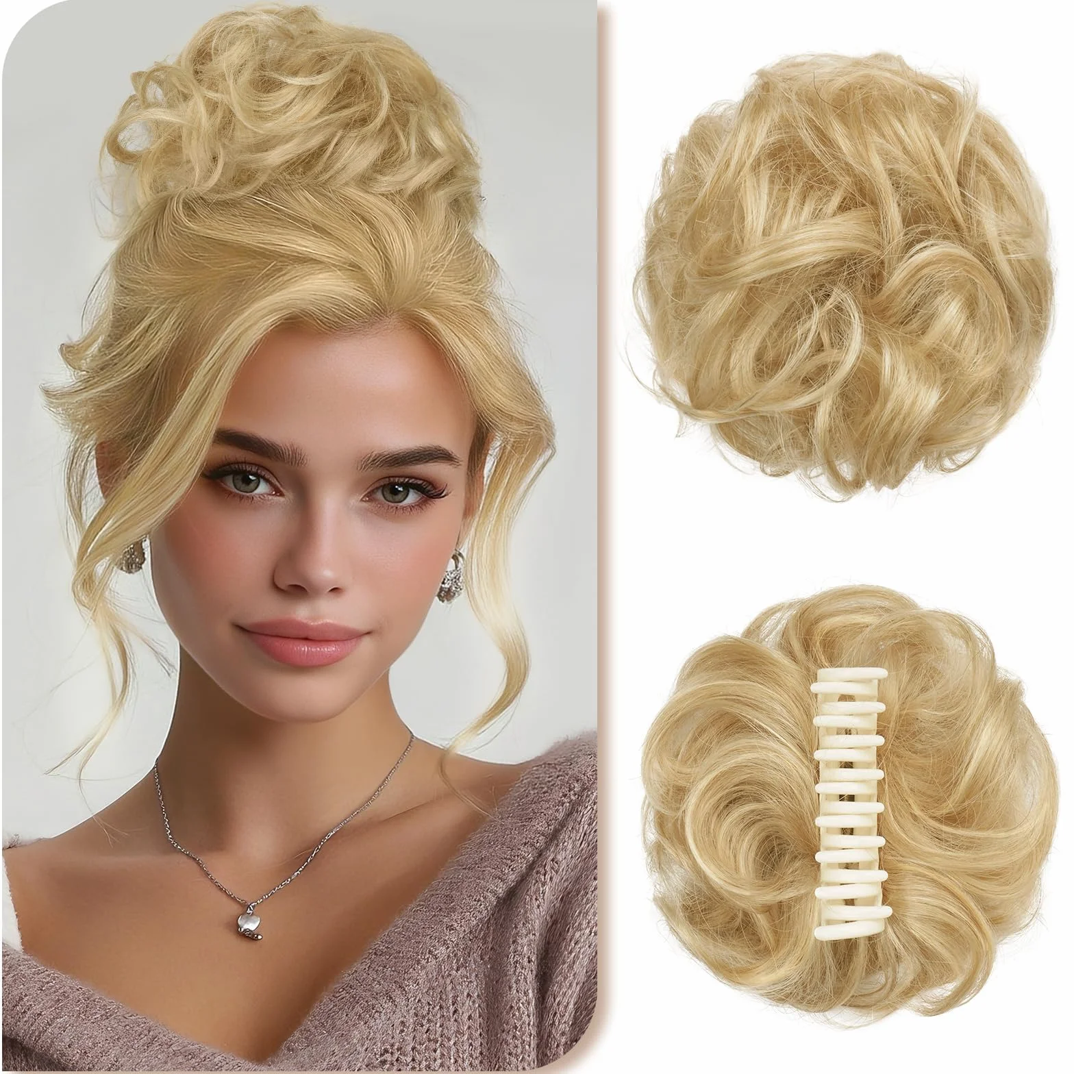 Sofeiyan Chignon en Cheveux Humains,Postiche Bouclé Messy Bun avec Pince,Extensions de Cheveux Bouclés Naturel Clip Bun pour Femmes, Clip in Claw Scrunchies(Blond Beige avec Reflets Blond Clair)