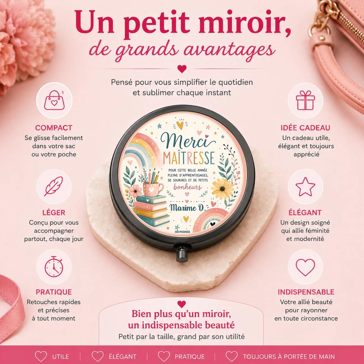 Miroir de Poche Personnalisé Merci Maîtresse – Cadeau Fin d'Année Scolaire – Miroir Compact Femme