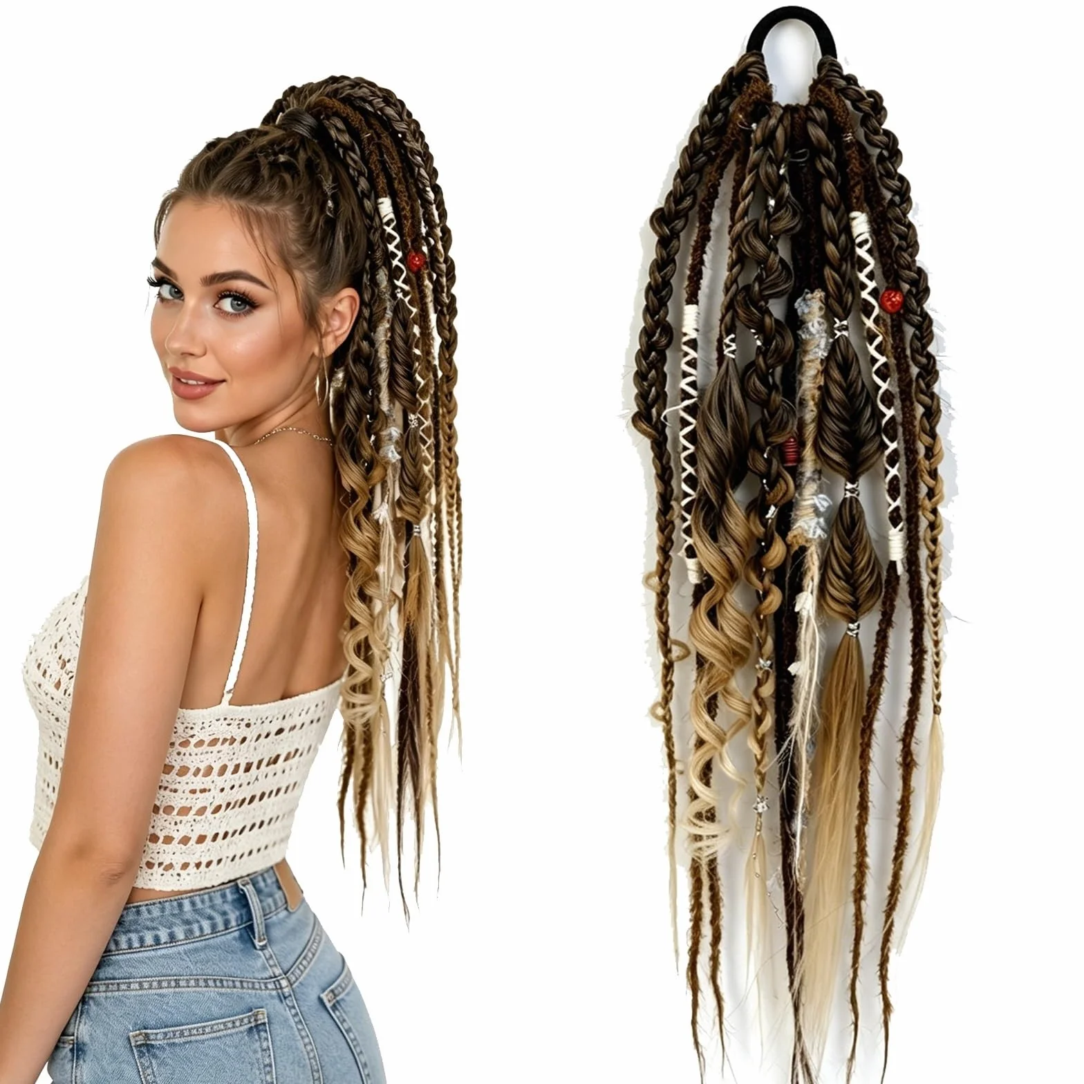 Extension de Cheveux Élastique Dreadlock Queue de Cheval Boho avec Perles, 22", Tresse Viking Effet Plage, Attache Facile en 1 Minute pour Festival & Quotidien(C)