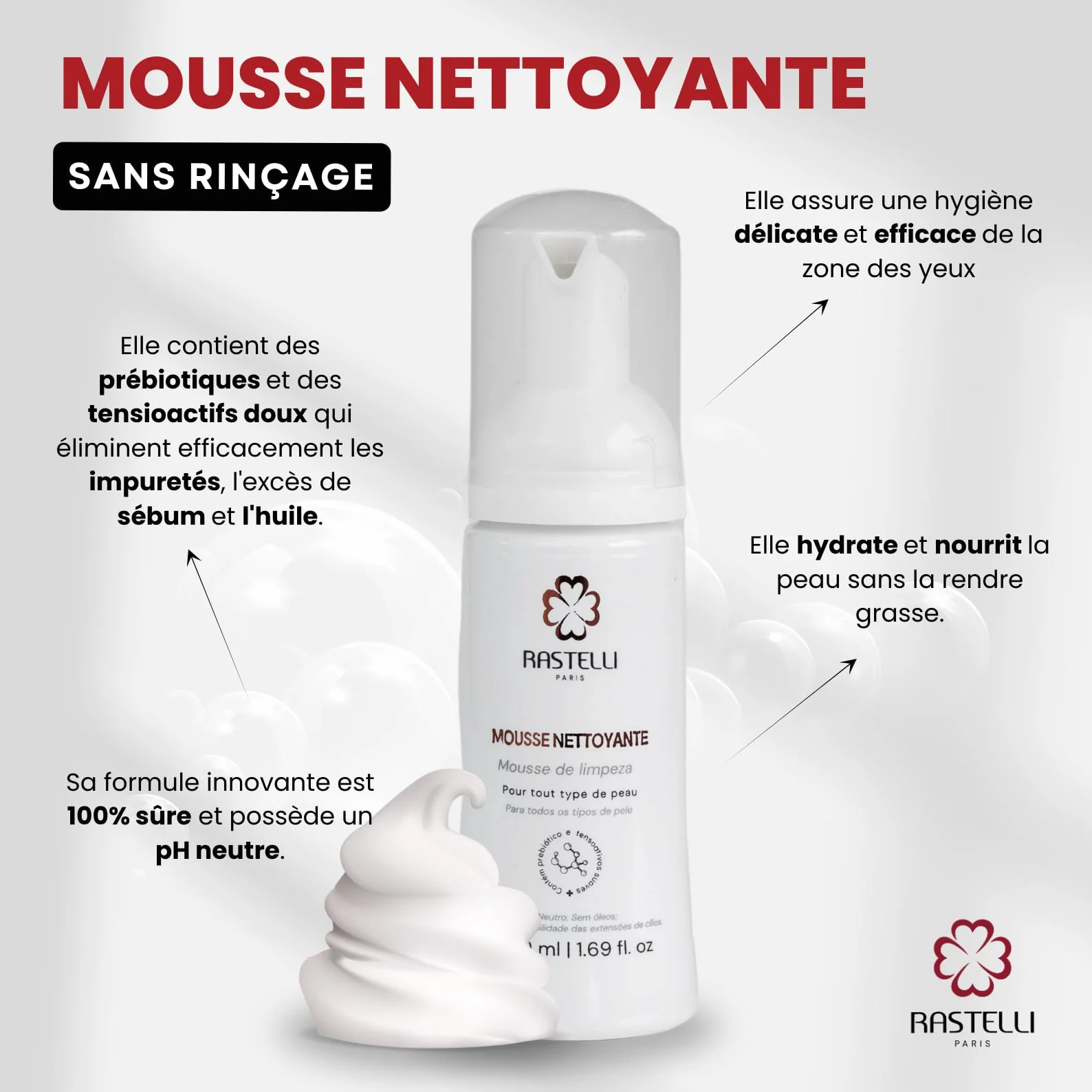 Shampooing Extensions de Cils - Nettoyante extensions de cils - RASTELLI 50ml -