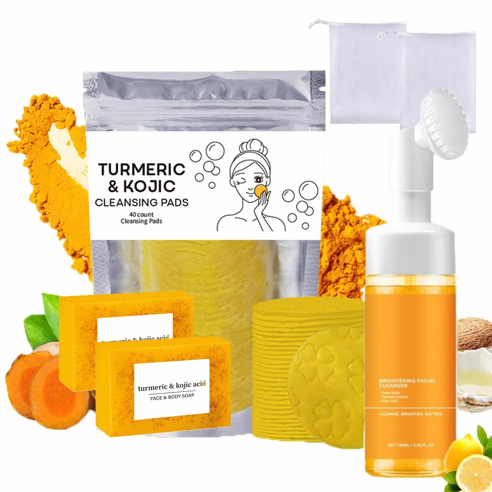 Ensemble Trois Pièces pour Lavage et Soins au Curcuma, Nettoyant Facial Avec Brosse, Tampons Gommants pour le Visage, Pain de Savon, Filet Moussant pour Savon, Ensemble de Nettoyage en Profondeur
