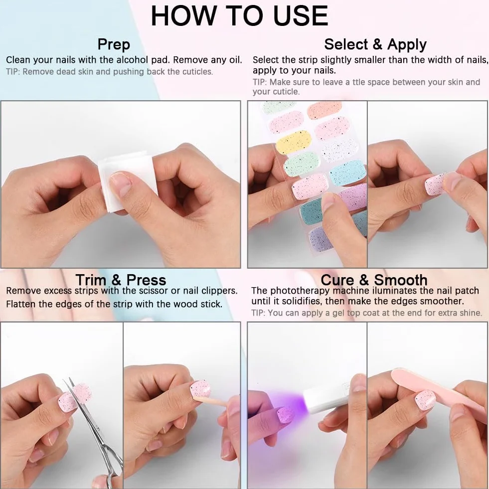 Autocollant Ongle Gel UV 20pcs, Vernis Autocollant UV, Film Ongles Autoadhésif avec Lampe UV Lime Bâton, Quartz Rose