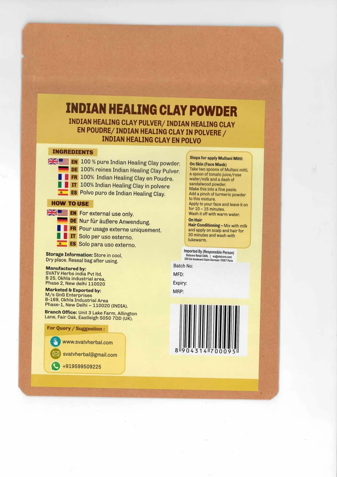 Fullers Terre Poudre Multani Mitti Argile de guérison indienne Masque visage purifiant 227g