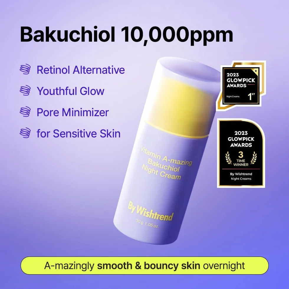 BY WISHTREND Crème de nuit rétinienne Bakuchiol à la vitamine A, alternative coréenne au rétinol, anti-âge, pour les ridules, les peaux affaissées et sèches pour les peaux sensibles, 1,05 oz, 30 g
