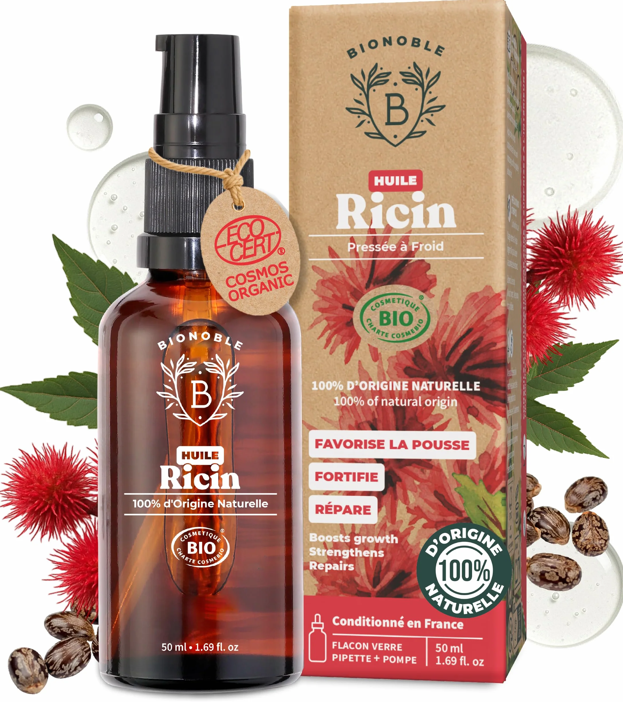 Huile de Ricin Bio Pressée à Froid 100% Naturelle pour Cheveux, Cils, Sourcils - Castor Oil 50ml