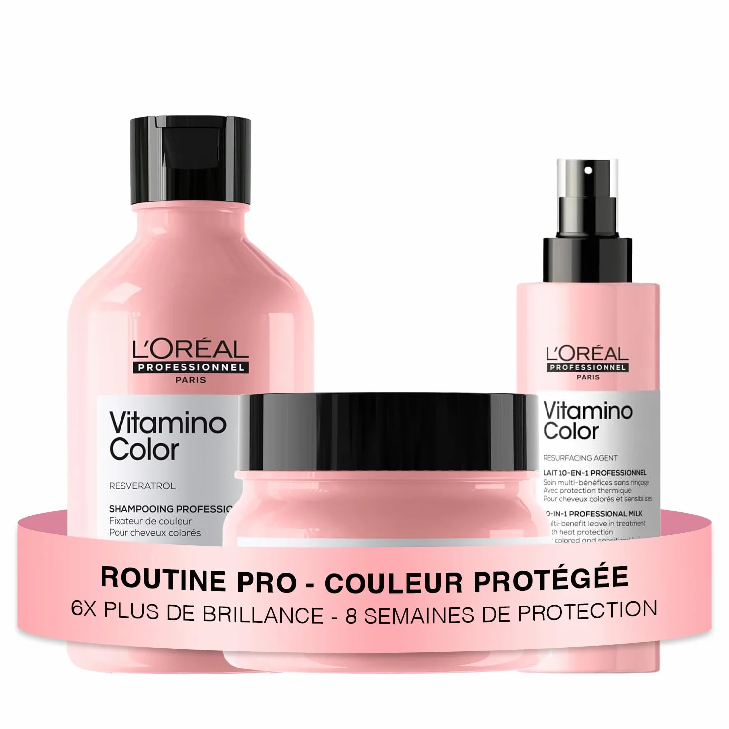 L'OREAL PROFESSIONNEL - Routine Pour Cheveux Colorés - Vitamino Color - Protège la Couleur Pendant 8 Semaines - Cheveux 6x Plus Brillants - Shampoing (300ml) + Masque (250ml) + Lait (190ml)