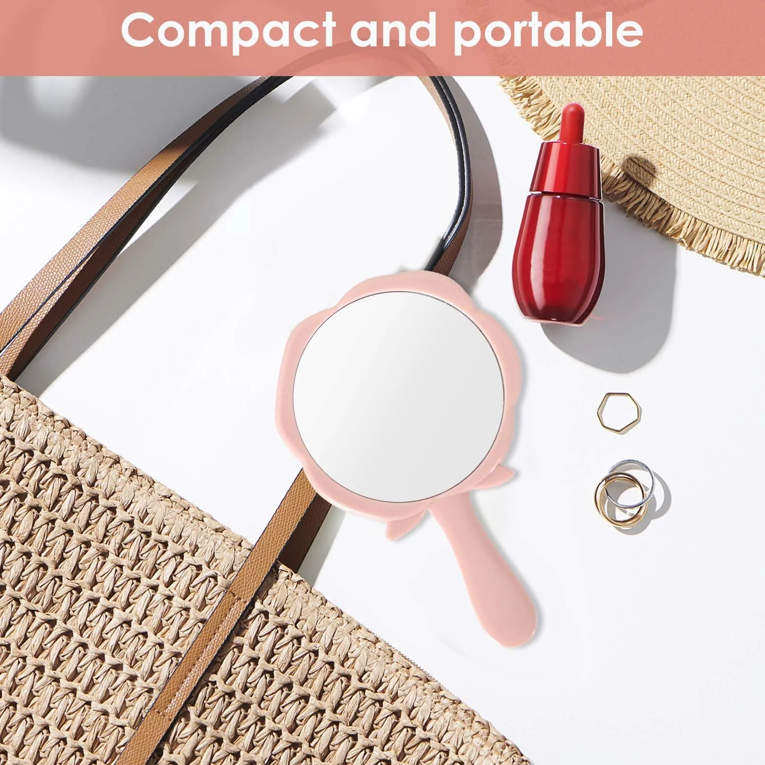 Miroir à Main Rose Portable avec Poignée pour Maquillage Voyages