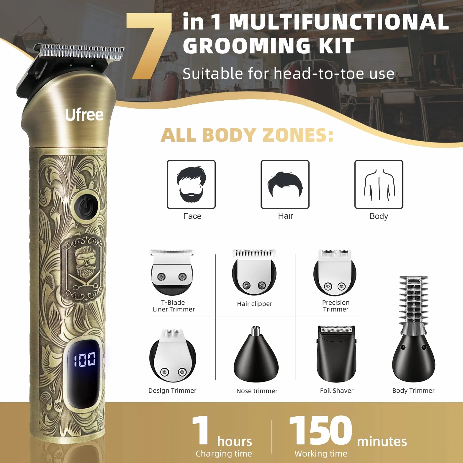 Ufree Tondeuse à barbe électrique sans fil, kit de toilettage réglable pour moustache