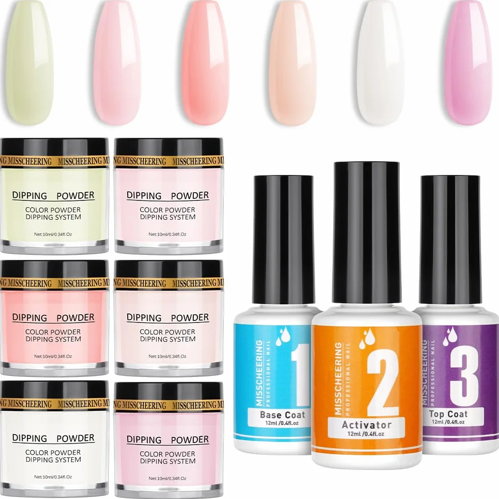 LOPHE Dip Powder Nail Kit 6 Couleurs Poudre et 3 Pcs Liquide Set Gel Base à Tremper Manucure DIY Salon Débutantes Cadeau Femmes Filles Tons clairs