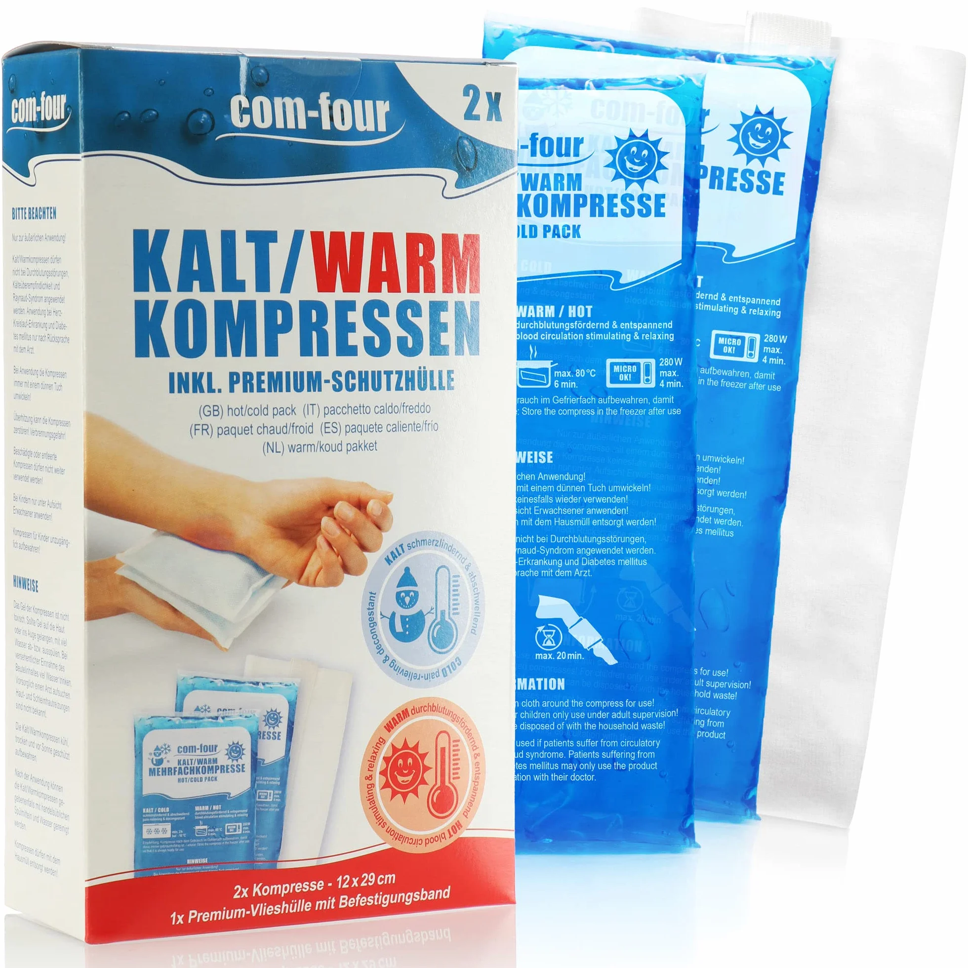 COM-Four® 2X Grandes compresses Multiples avec Housse Polaire réutilisable, Gel Cool Pack, 29 x 12 cm
