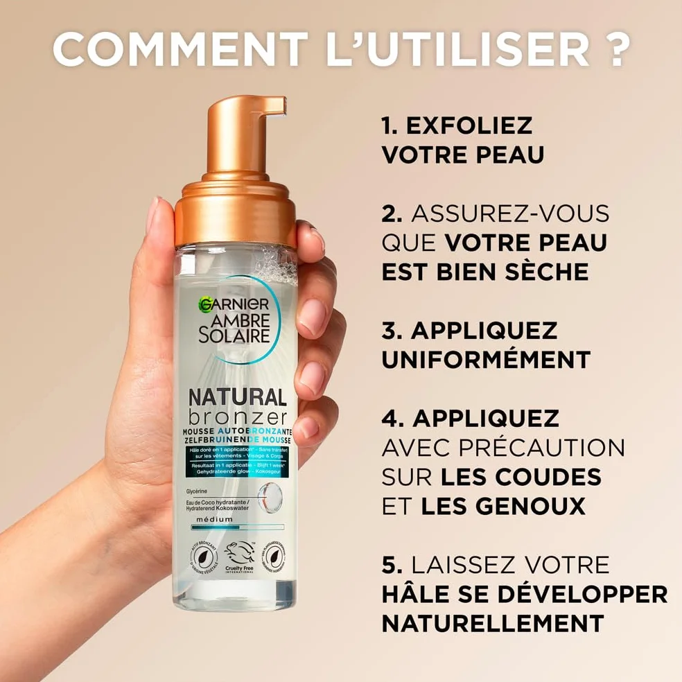 GARNIER Ambre Solaire Natural Bronzer Mousse Autobronzant Hydratant Hâle Progressif Sur-Mesure Eau de Coco Glycérine Vegan Cruelty Free Visage Corps 200 ml