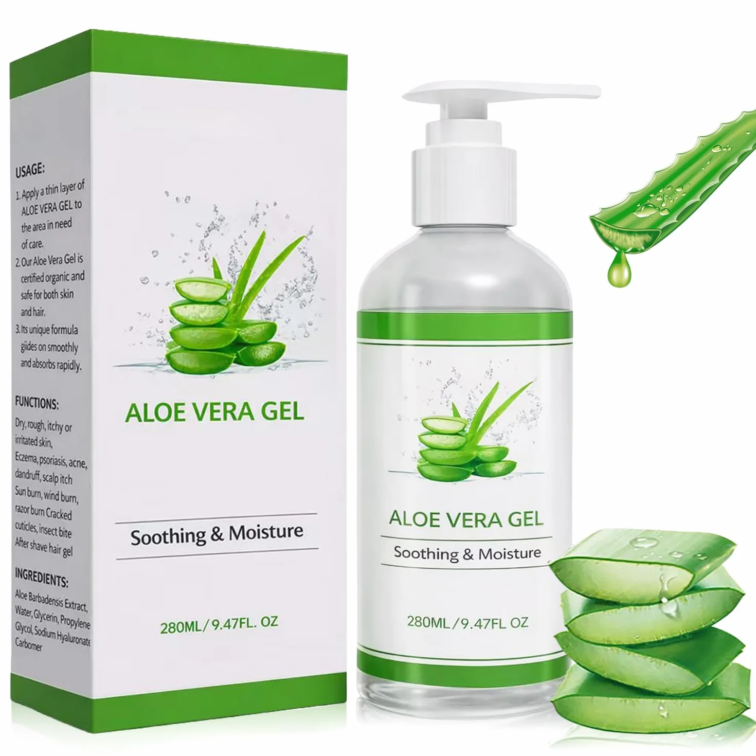 Gel d'Aloé Vera Bio Pur 280ml Hydratant Visage Cheveux Corps Après Soleil