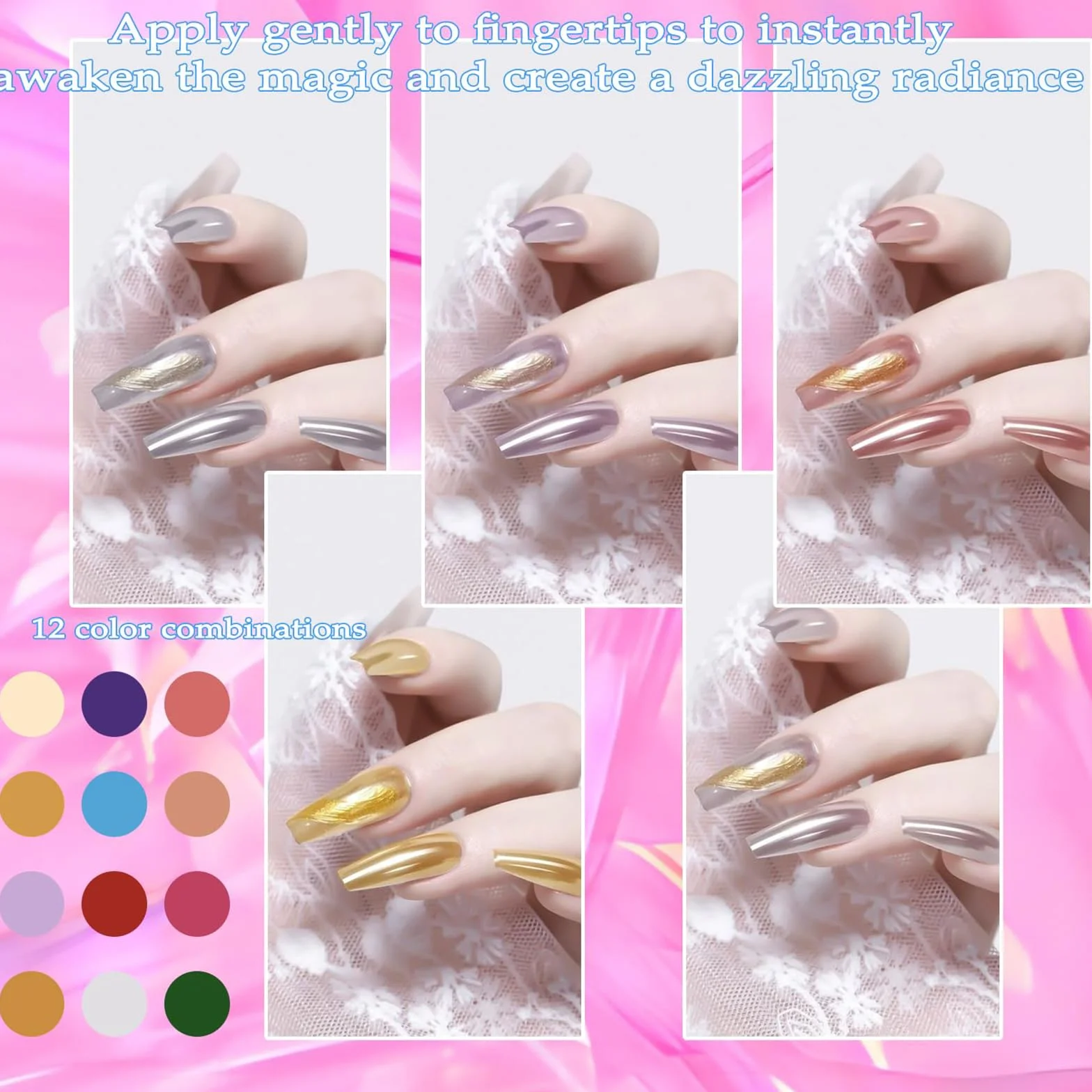 Poudre à Ongles à Frotter 12 Pièces, Poudre Chrome Ongle, Poudres Miroir Effet Chromé, avec Pinceaux, pour Nail Art Décoration