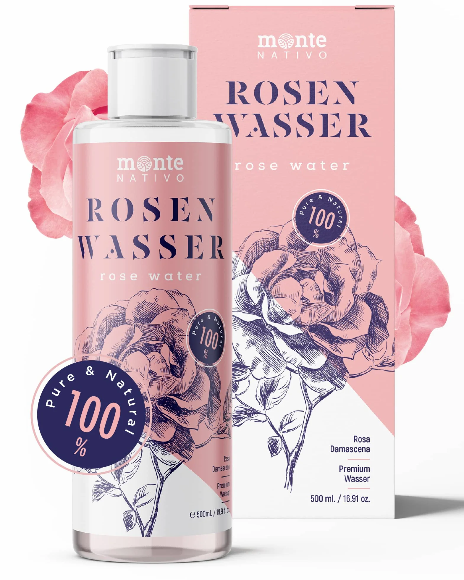 MonteNativo Eau de Rose Hydrolat 500ml Lotion Tonifiante Visage Triple Purification