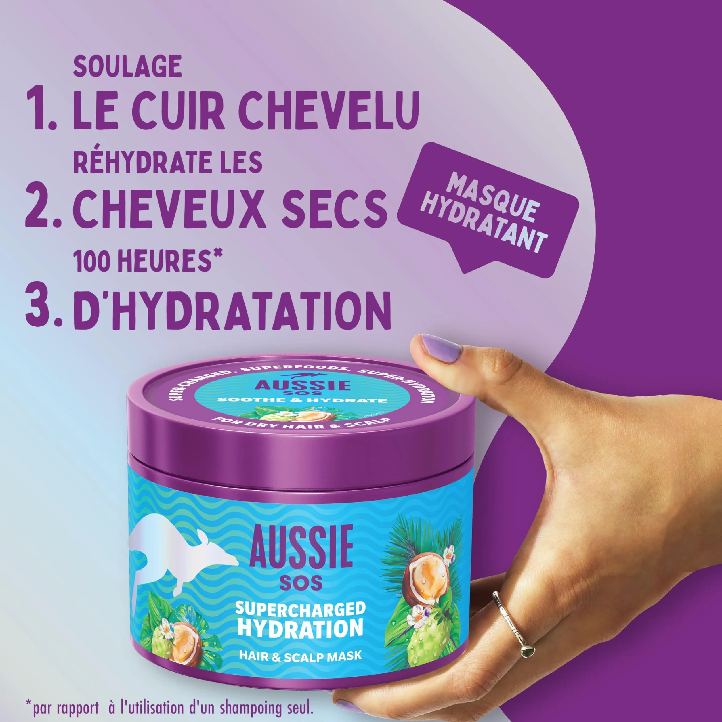 Aussie SOS Hydratation Surpuissante Masque Cheveux Cuir Chevelu 500ml Apaise Réhydrate 100 Heures Hydratation Formule végane