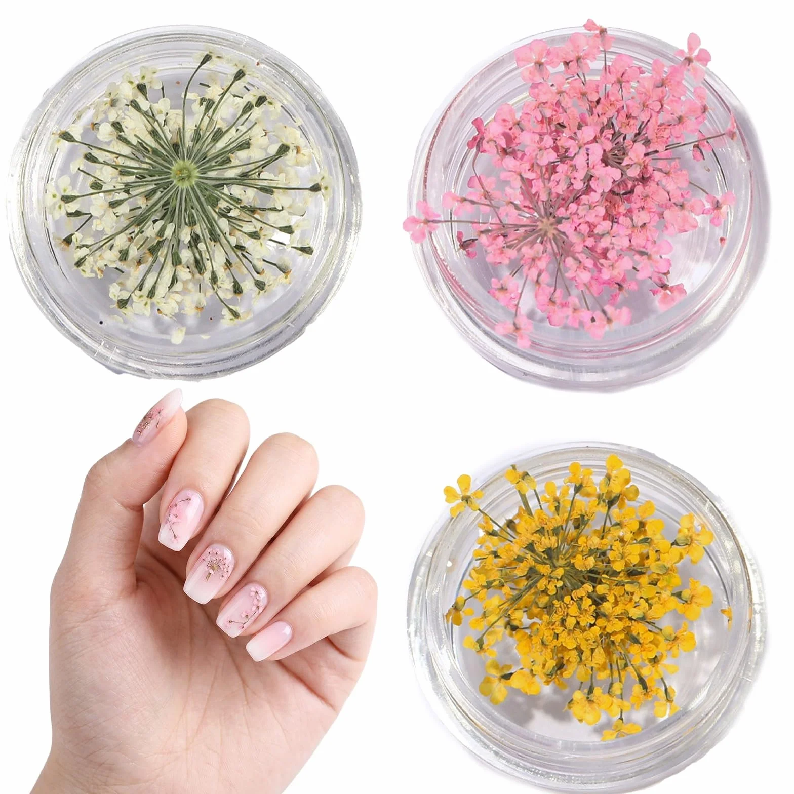 Fleurs Séchées Ongles 3 Pièces Nail Art Décoration Naturelle Blanc Jaune Rose Accessoires Manucure DIY Résine