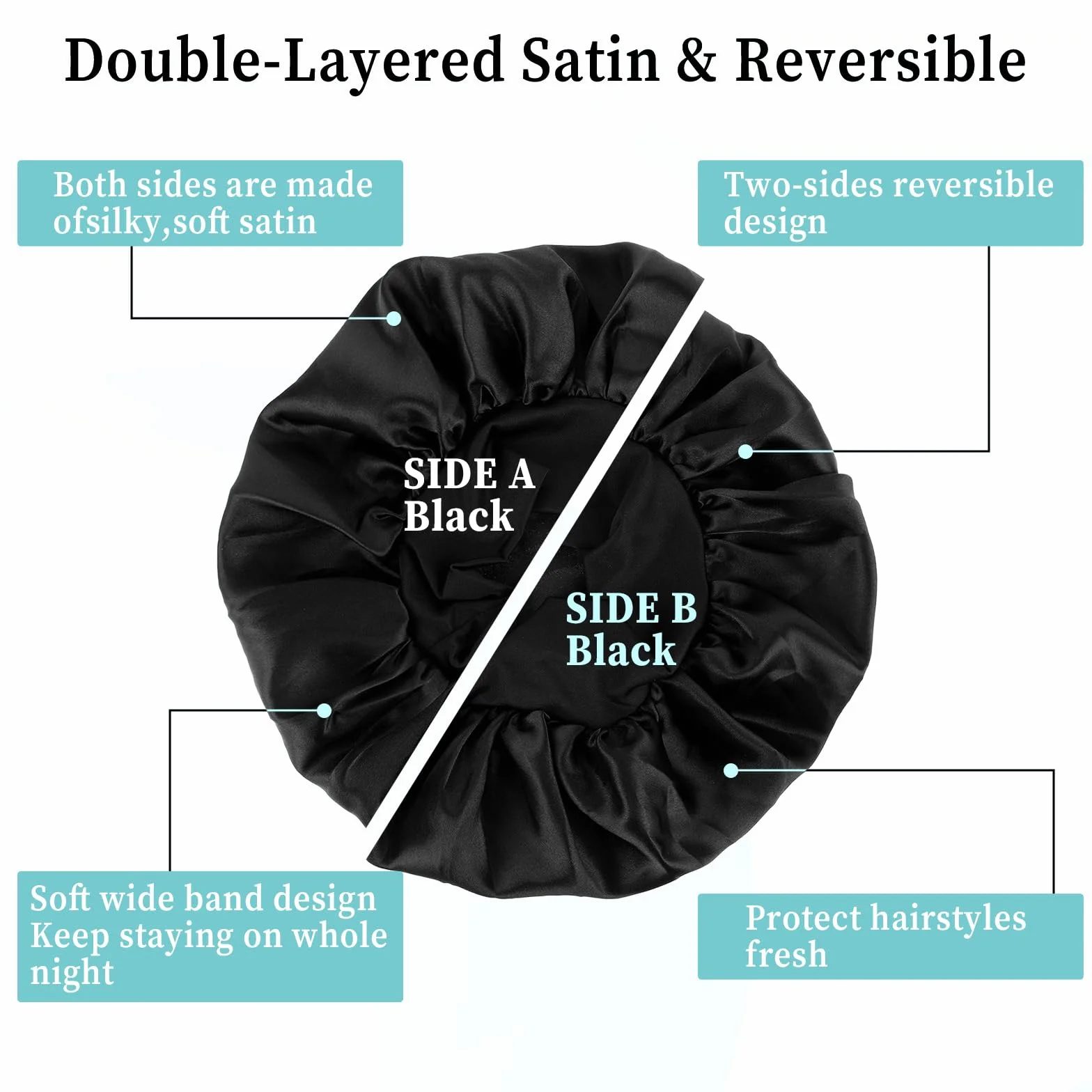 Bonnet en satin pour dormir double couche réversible noir large élastique 1 pièce