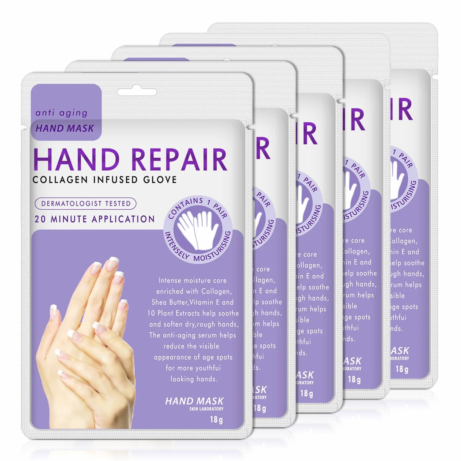 Gants Hydratants pour Mains avec Collagène, Sérum et Vitamines, 5 Paires, Lavande, Blanchissant Anti-âge