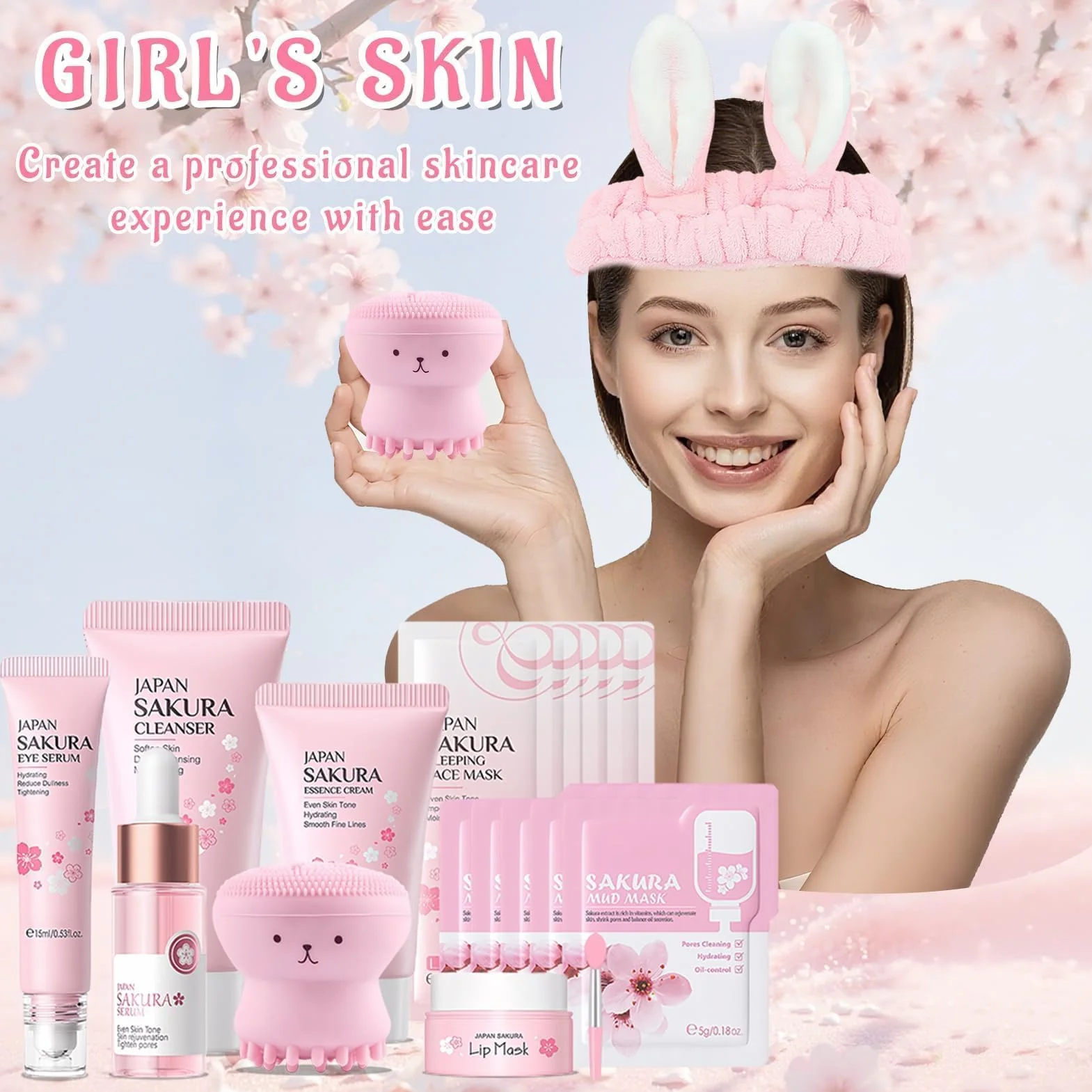Sakura Ensemble de Soins de la Peau 18 Pièces, Kit Hydratant avec Nettoyant, Crème, Sérum