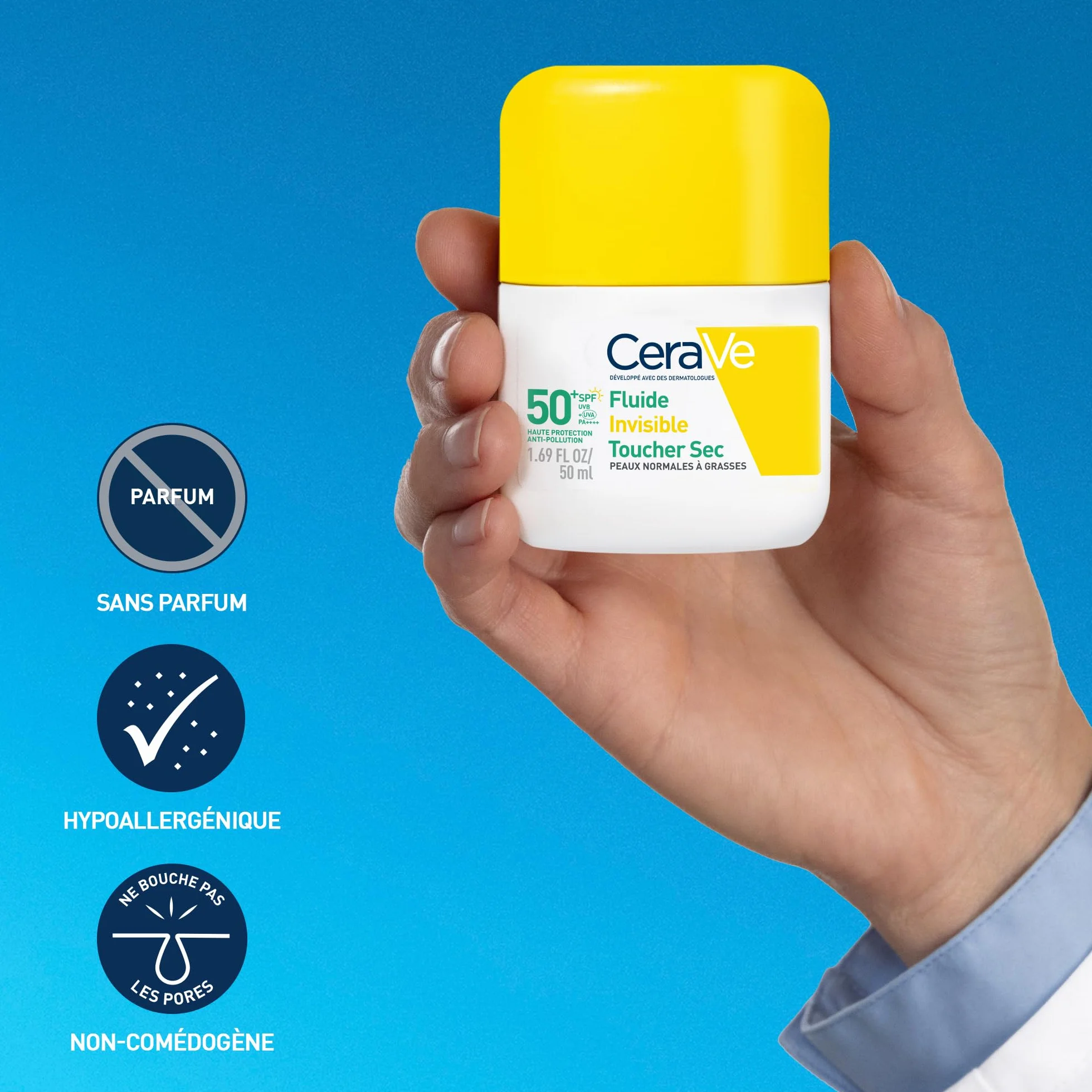 CeraVe Fluide Invisible SPF 50+ Très Haute Protection Solaire Visage Peaux Normales à Grasses Matifiant 12H Base Maquillage Niacinamide Vitamine E