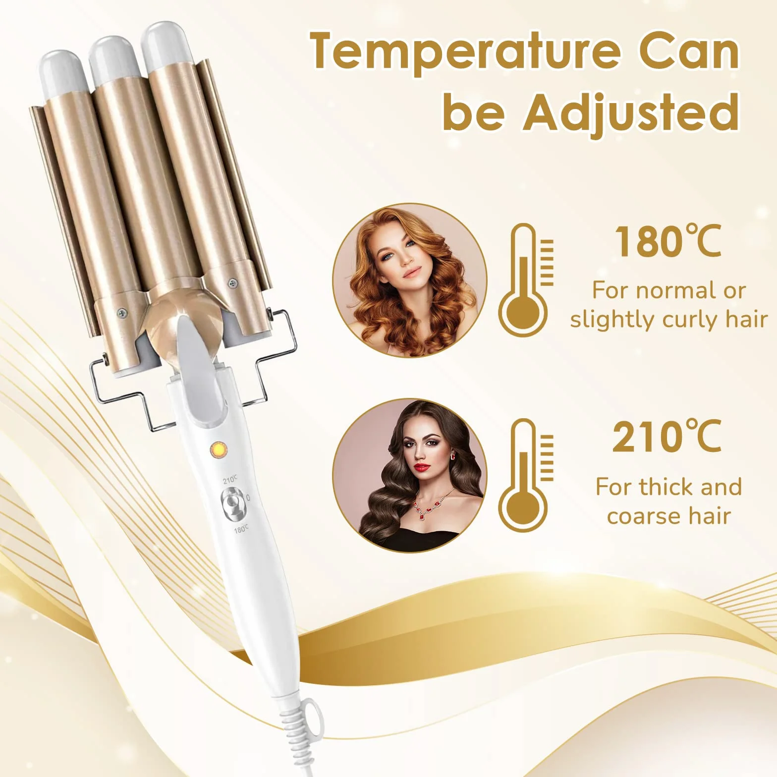 Fer à Boucler,22mm Fer à onduler 3Tete,En Céramique Cheveux Bouclés Barils Cheveux Wavy,2 Réglages Température,Fer à Friser pour Cheveux Long Courts Avec 2clips et un gant(Blanc)