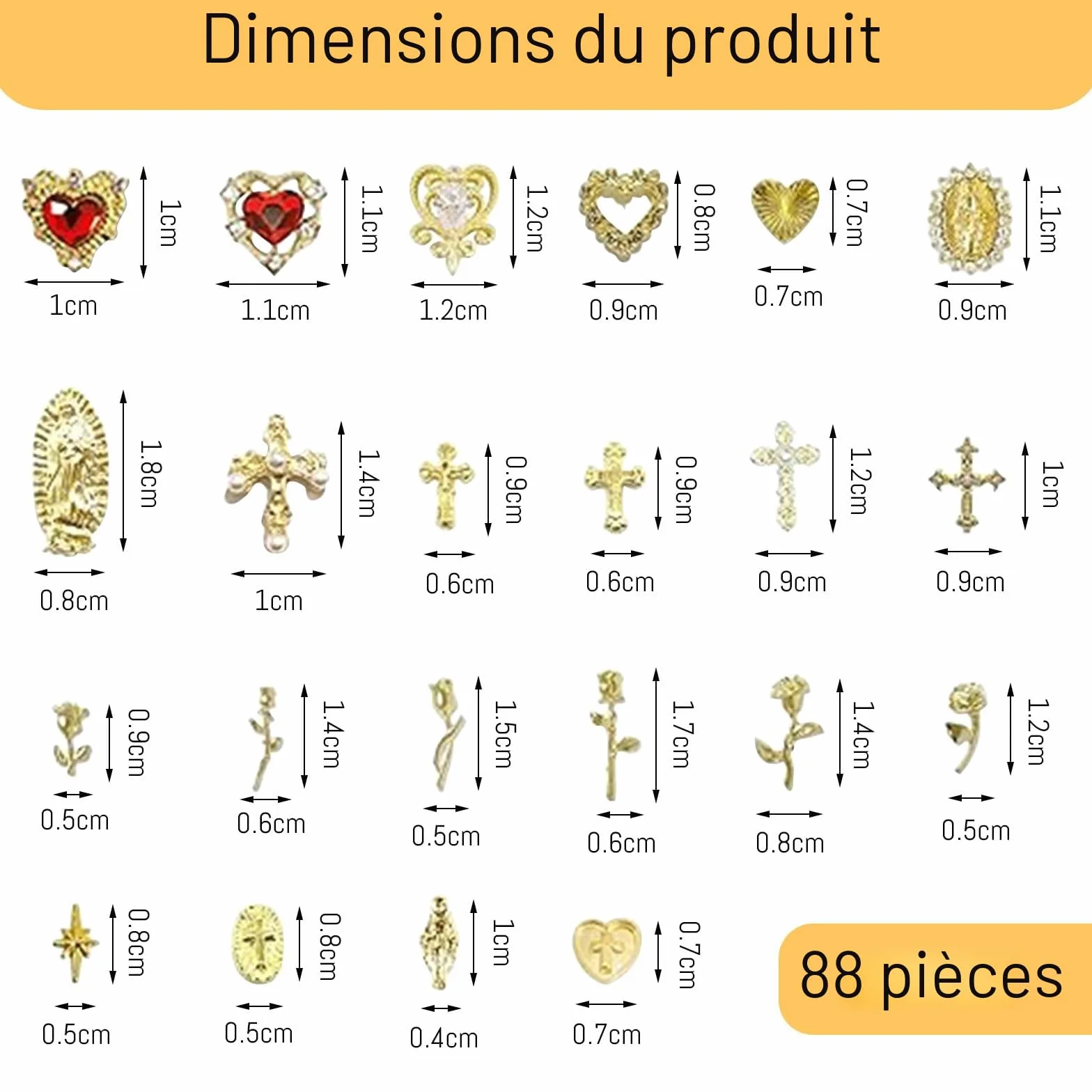 Breloques 3D dorées pour ongles avec strass lot de 88