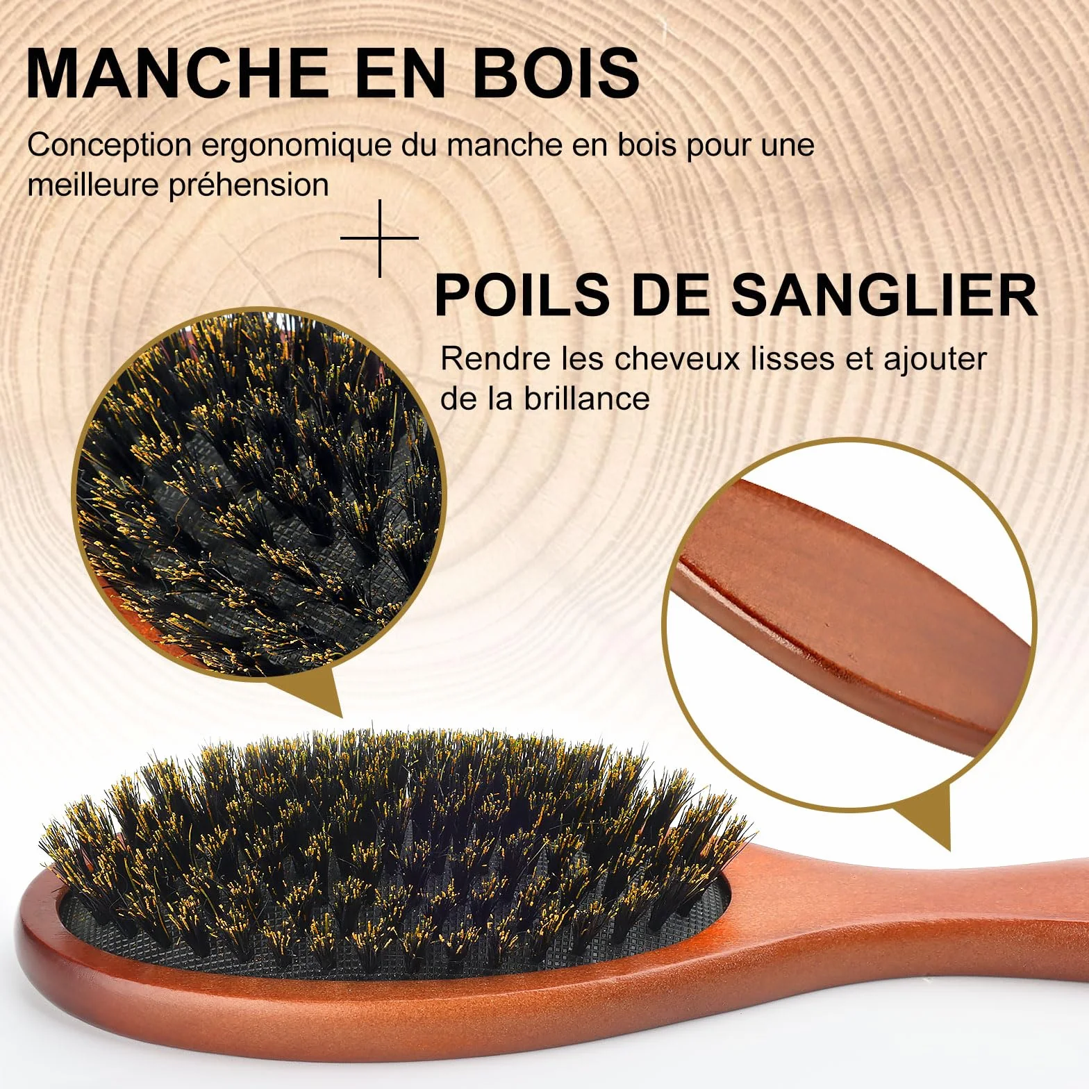 Brosse à Cheveux en Poils de Sanglier Antistatique Anti-Frisottis AISEELY 2 Pièces
