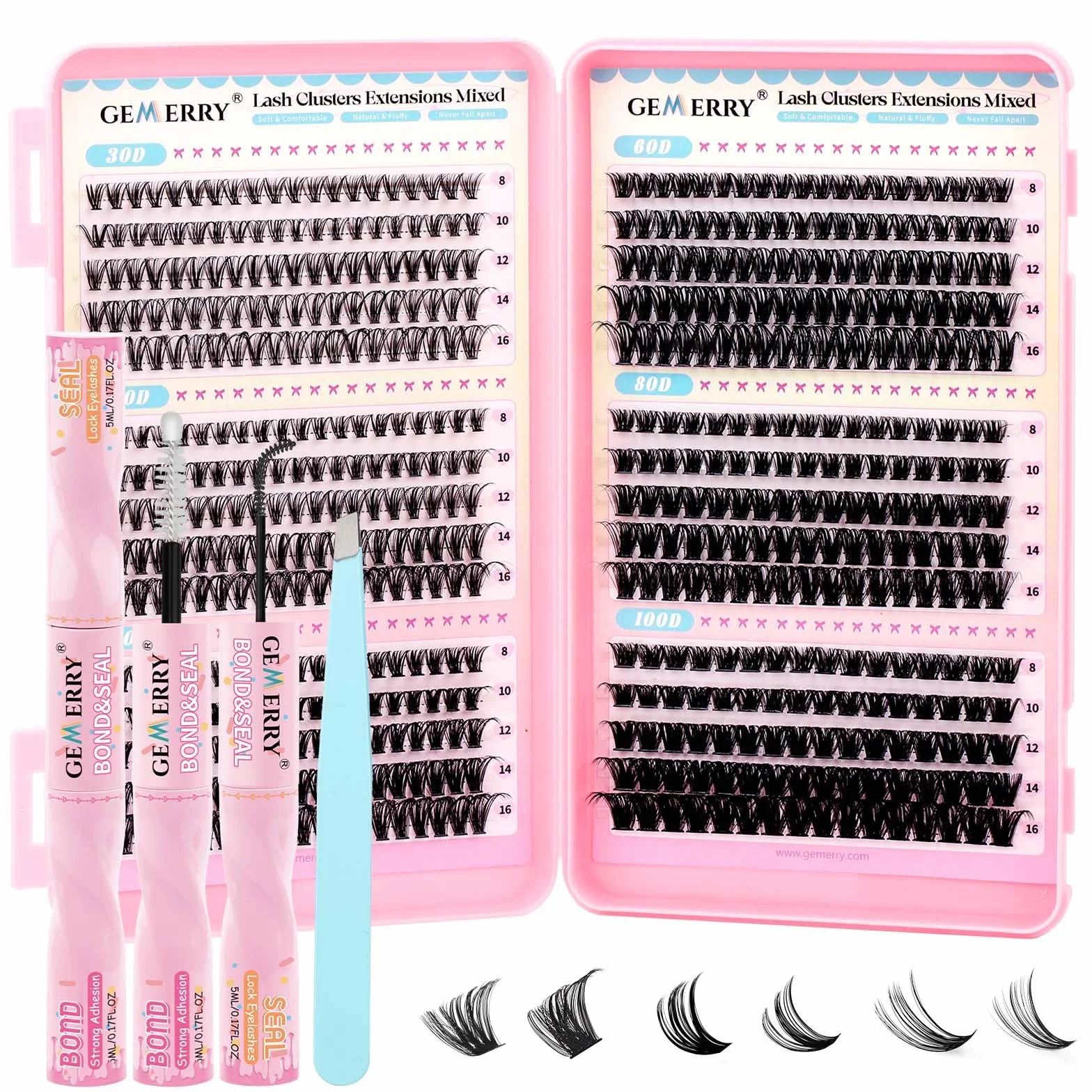 GEMERRY Kit Faux Cils Individuel 30D-100D Extension Cils Bouquet Volume Russian Colle et Applicateur Pince D Curl 8-16mm