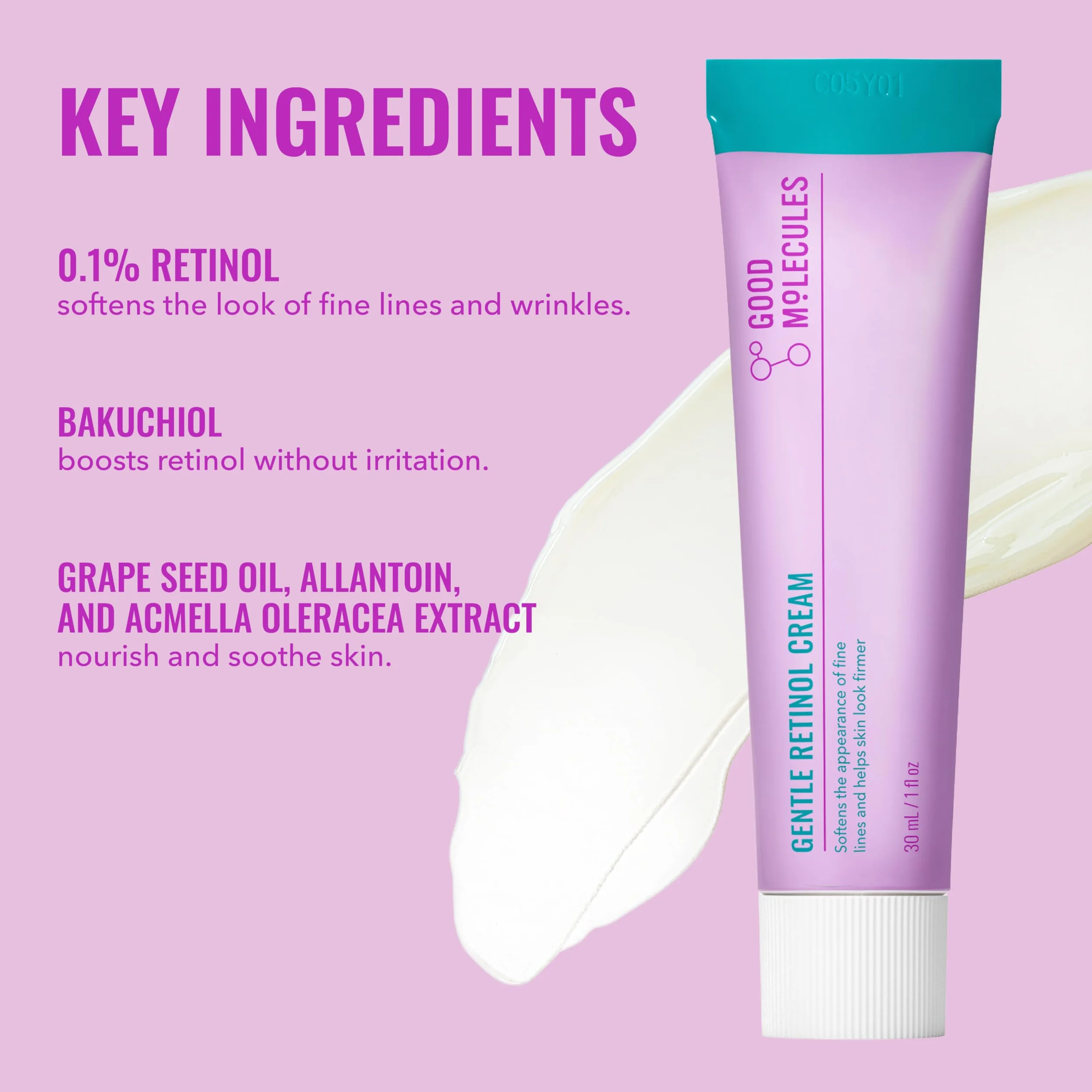 Good Molecules Crème douce au rétinol - Crème de nuit au rétinol pour la production de collagène, recette raffermissante au bakuchiol, soin anti-âge pour le visage