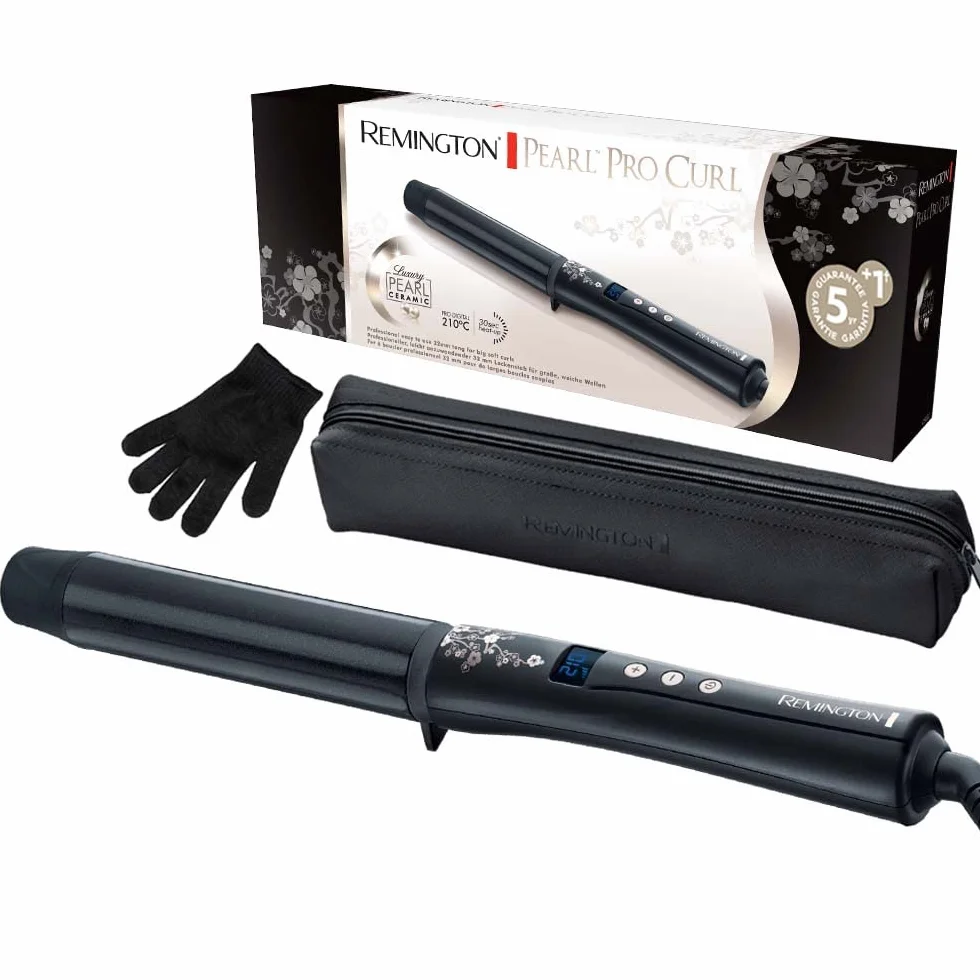 Remington Boucleur à cheveux fins & épais [32mm: boucles glam] (Céramique haute qualité avec éclats de perles, chaleur homogène, 130-210°C, gant de protection) Fer à boucler noir CI9533