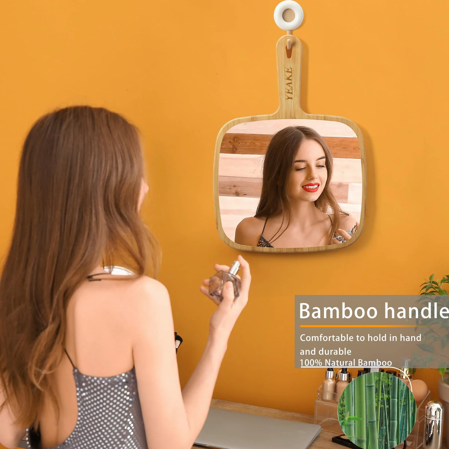 Miroir à main extra large en bambou naturel avec poignée 22,6 x 31,5 cm