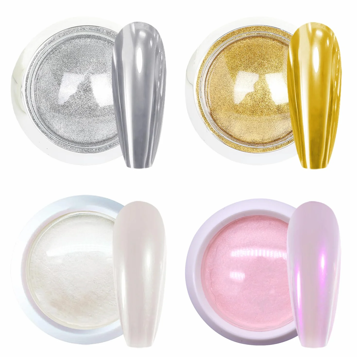 Poudre Chrome Ongle 4 Couleur Nail Art Or Argent Blanc Perle Rose Aurore Effet Miroir Métallique Pigment