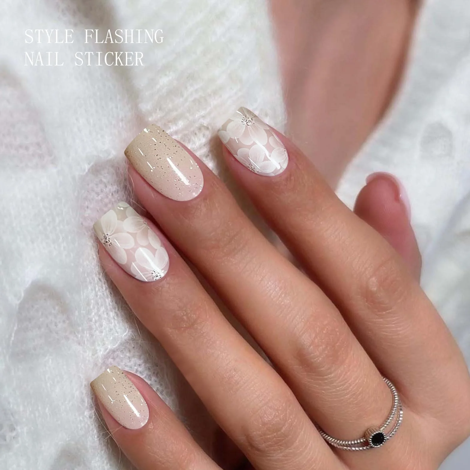 Autocollants pour ongles UV/LED motifs fleurs blanches pailletées semi-durci