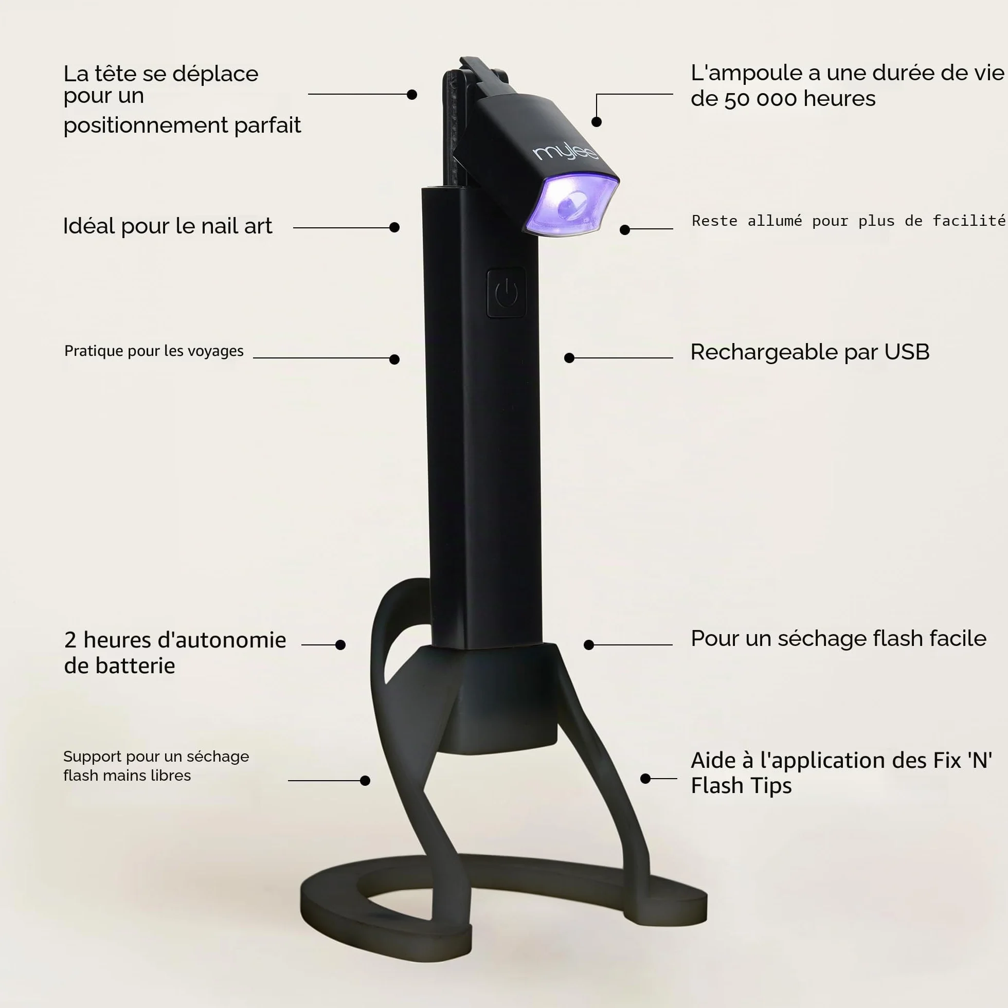 Mylee Torche LED Fix 'N' Flash : Lampe de poche pour la pose du vernis gel avec tête flexible, rechargeable par USB, utilisation mains libres - Usage à domicile, en déplacement et dans les salons