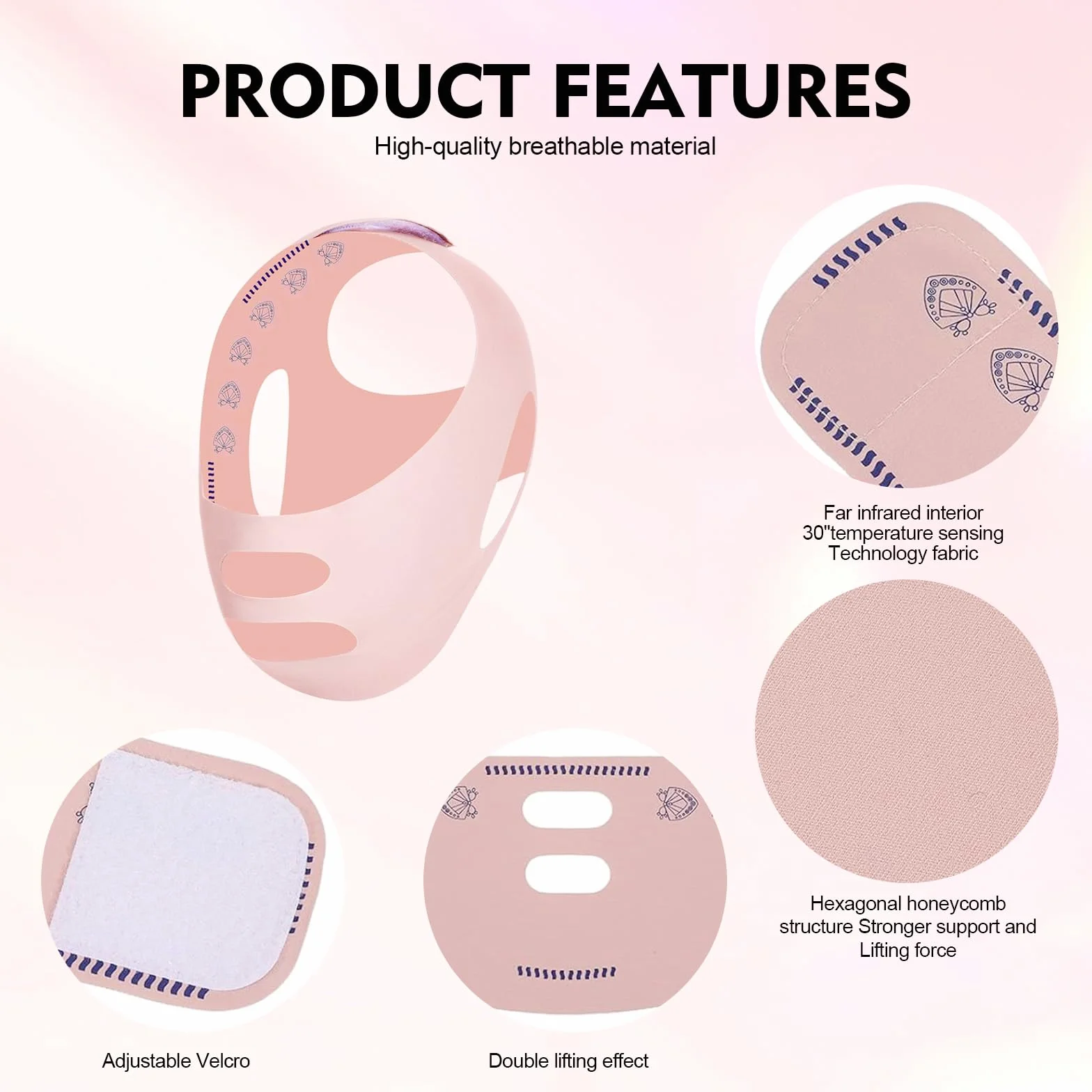 Masque Visage Réutilisable en V, Gaine Amincissante Double Menton, Lifting Visage Raffermissement, Rose