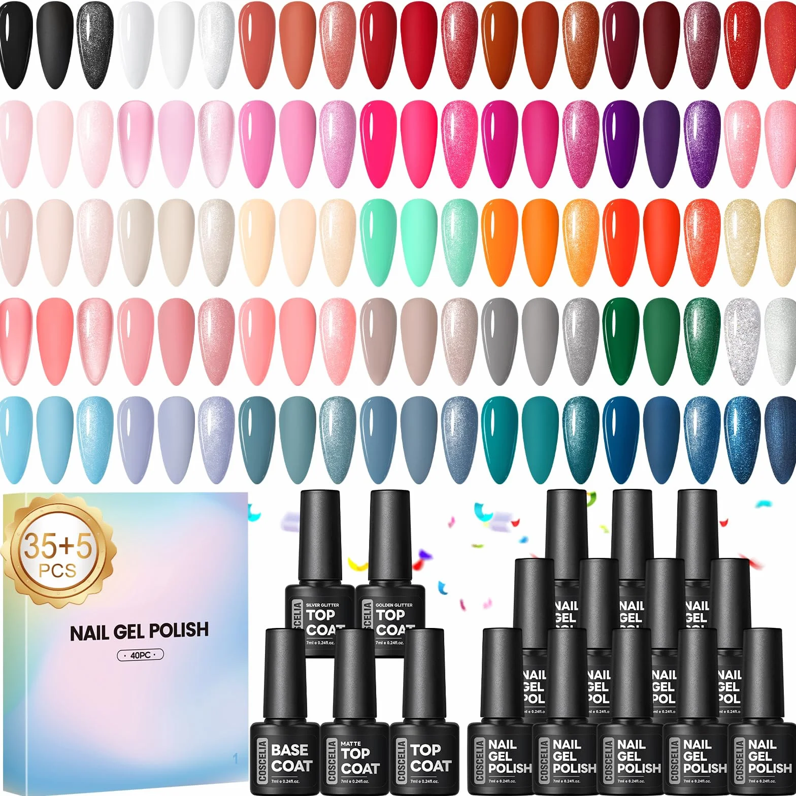 COSCELIA 40Pcs Vernis Semi Permanent, 35 Couleurs Vernis Gel UV Semi Permanent avec Base Coat Top Coat Mat Brillant Pailleté, Rouge Blanc Rose UV/LED Vernis à Ongles pour DIY Kit Manucure