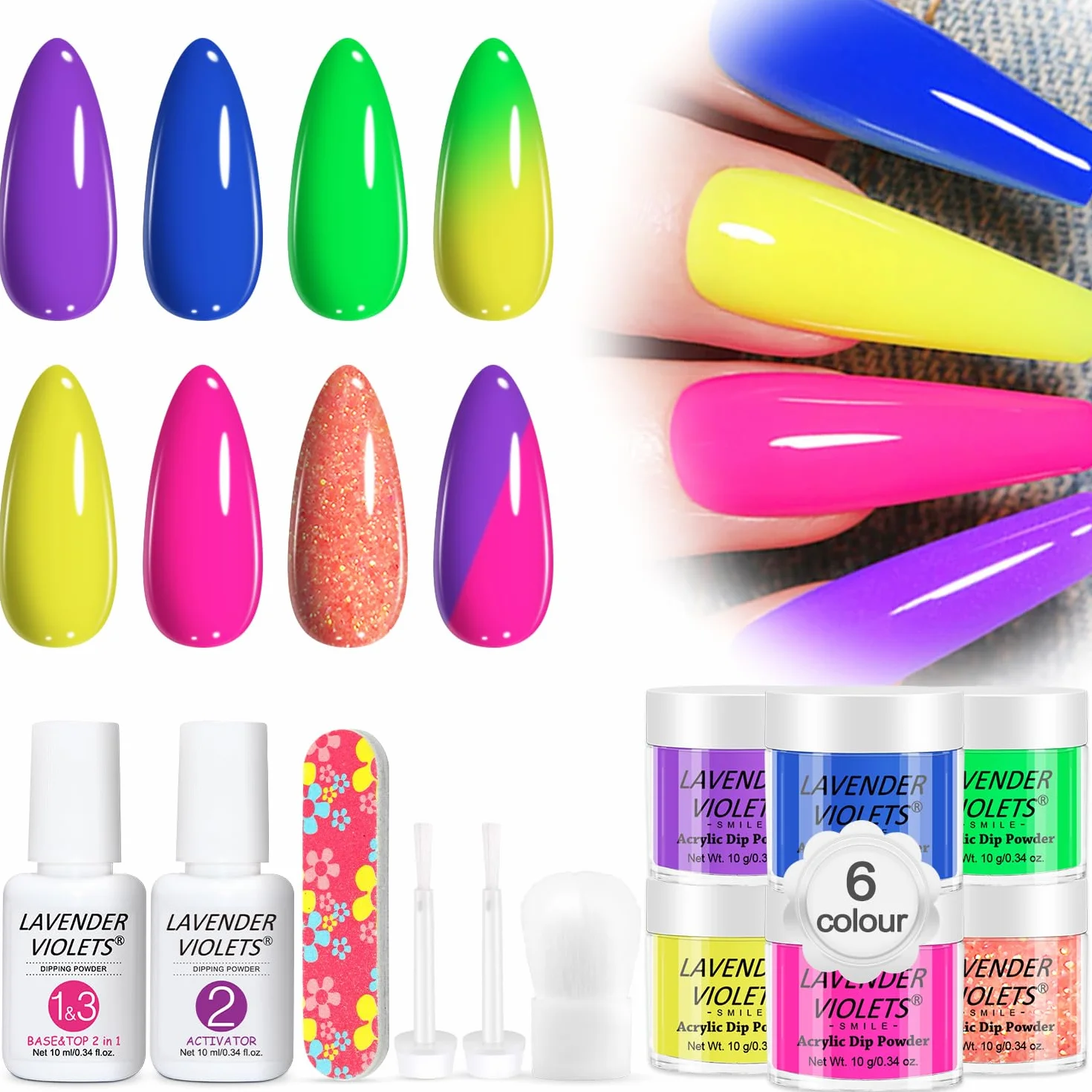 Lavender Violets 6 Couleurs Acrylique Trempage Poudre French Nail Art Manucure 2 En 1 Base Activateur Vernis Finition Brosse Lime Ongles M205