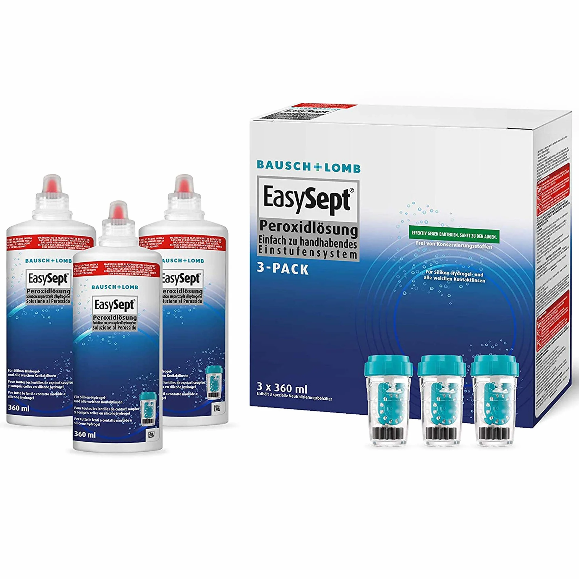 Bausch + Lomb EasySept Nettoyant pour lentilles de contact en solution de peroxyde, 3 x 360 ml