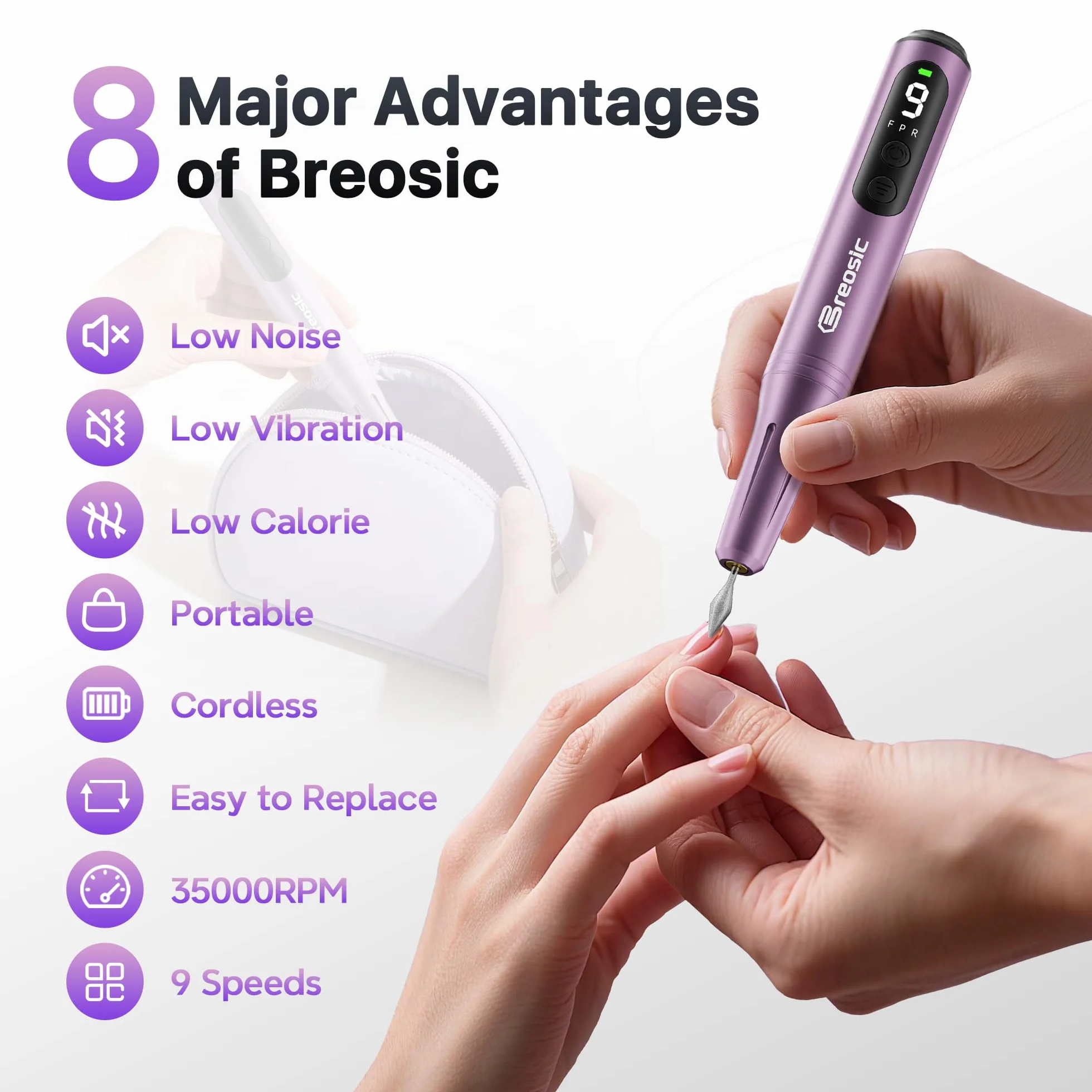 Ponceuse pour Ongles Professionnelle 35000 tr/min, Lime à Ongle Électrique Portable, 9 Vitesses Réglables, Kit Manucure Pédicure USB-C (Violette)