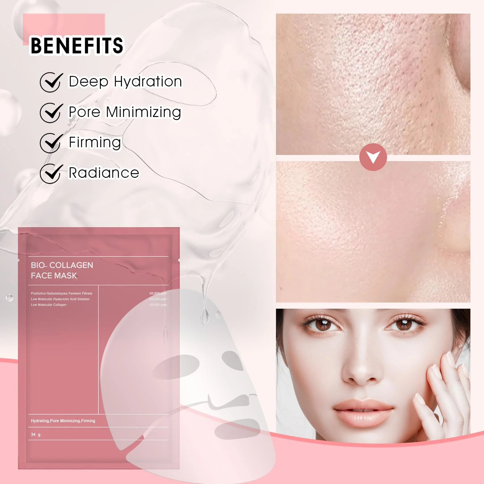 Masque Collagène Visage Bio Collagen Real Deep Mask 5 Pièces Hydratant Anti-Âge Raffermissant