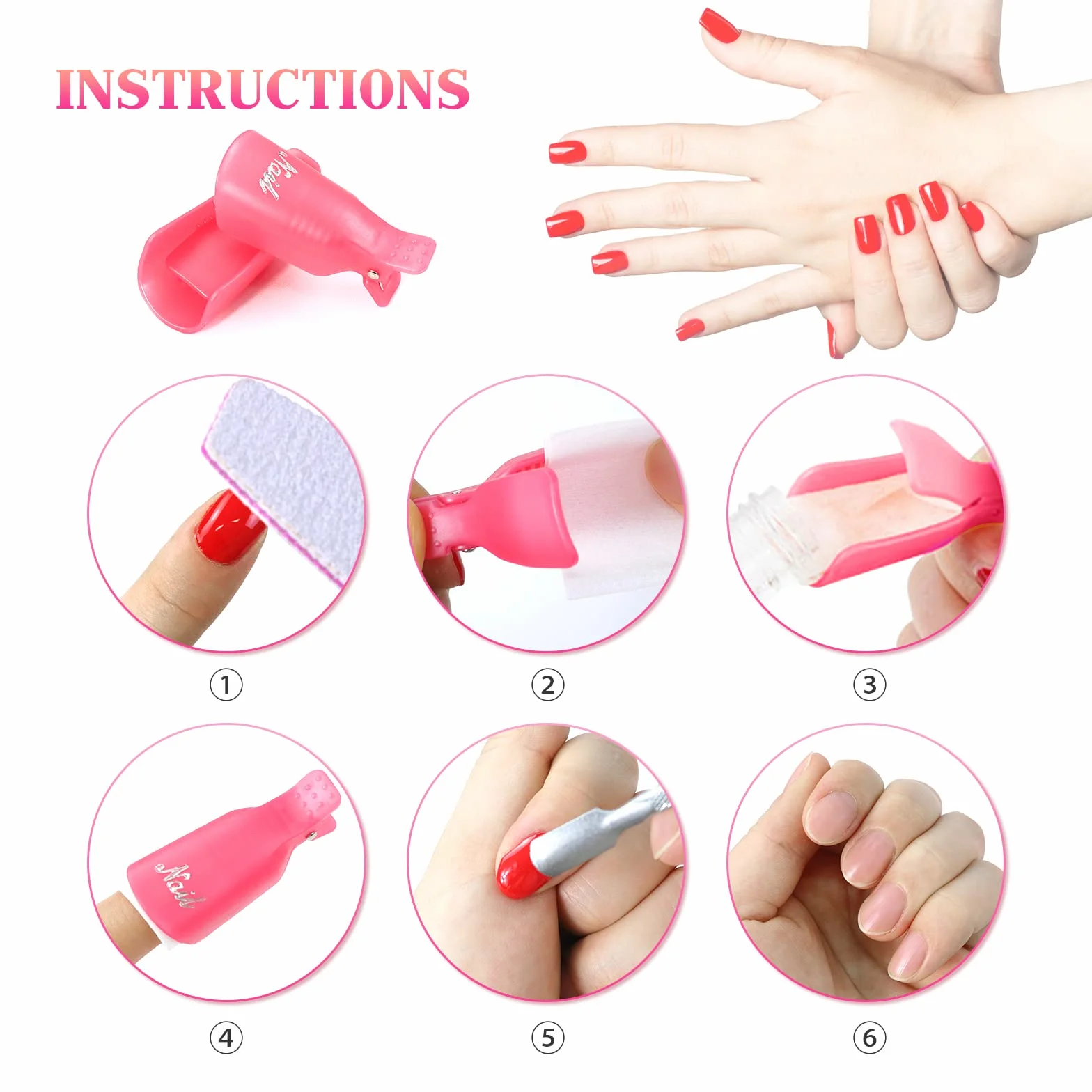 Capuchon Ongle, Nail Art Clip, 10 Pcs Pinces à Ongles En Plastique, Clip Ongles Semi Permanent pour Nettoyage Retirer Vernis Gel UV Outil Capuchon Plastique Rose
