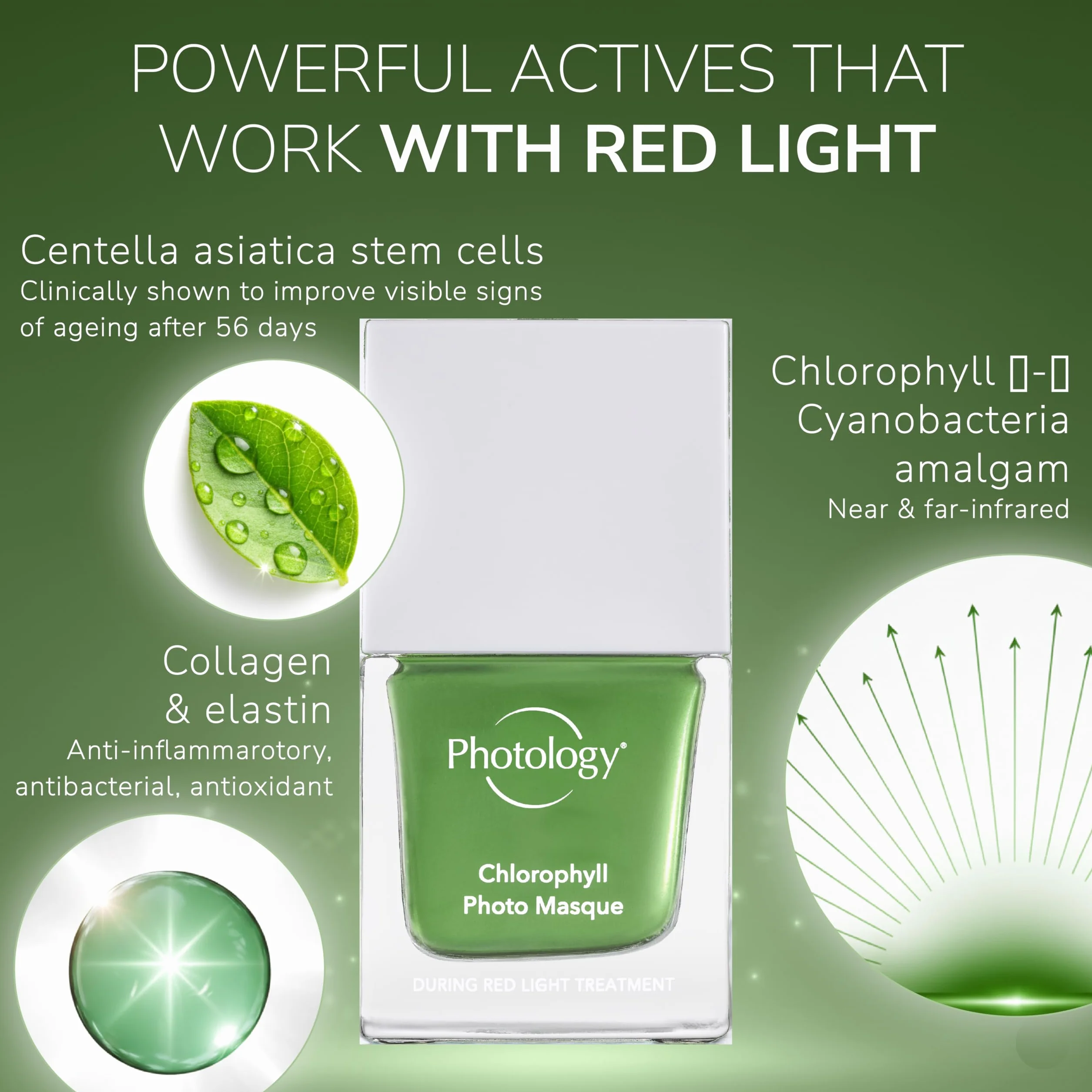 Masque photo à la chlorophylle, masque visage pour luminothérapie rouge, réduit les ridules et rafraîchit tous les types de peau grâce à la centella asiatica – 30 ml