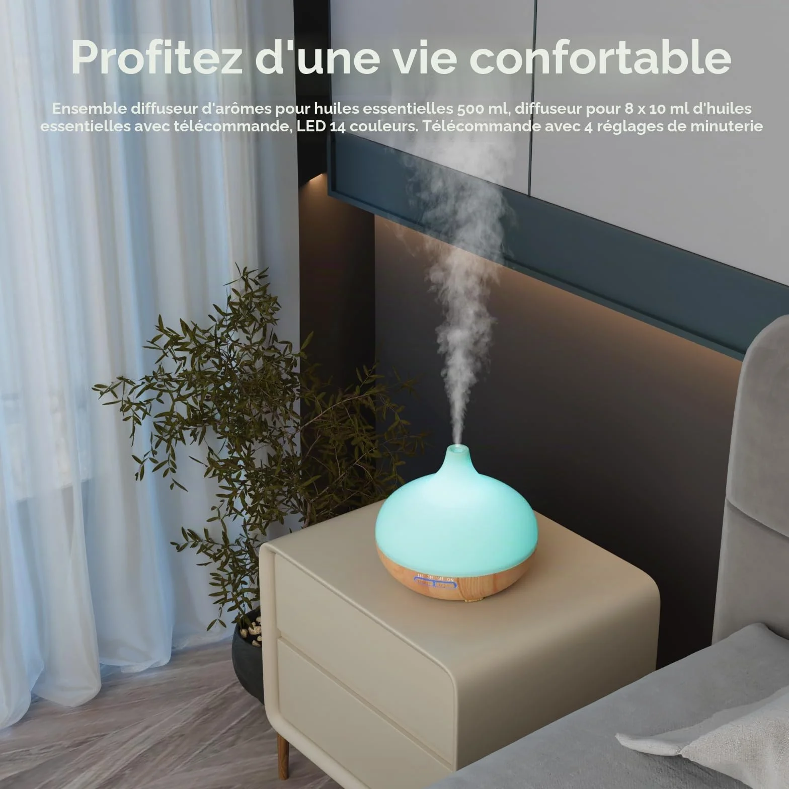 Diffuseur d'Huiles Essentielles 500 ML Télécommande 14 Couleurs LED 4 Réglages de Minuterie