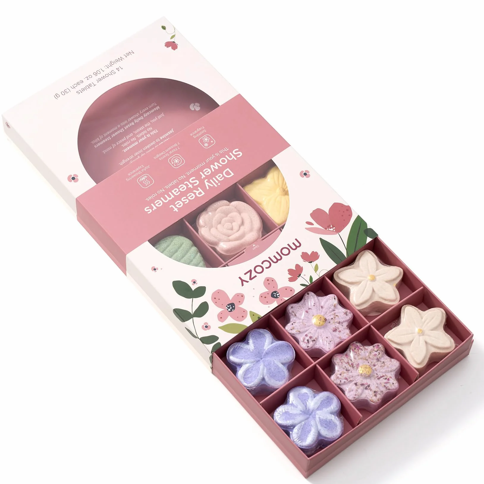 Momcozy Lot de 14 Bombes de Douche Aromathérapie 7 Parfums Floraux Expérience Spa à Domicile Idée Cadeau Formule Douce