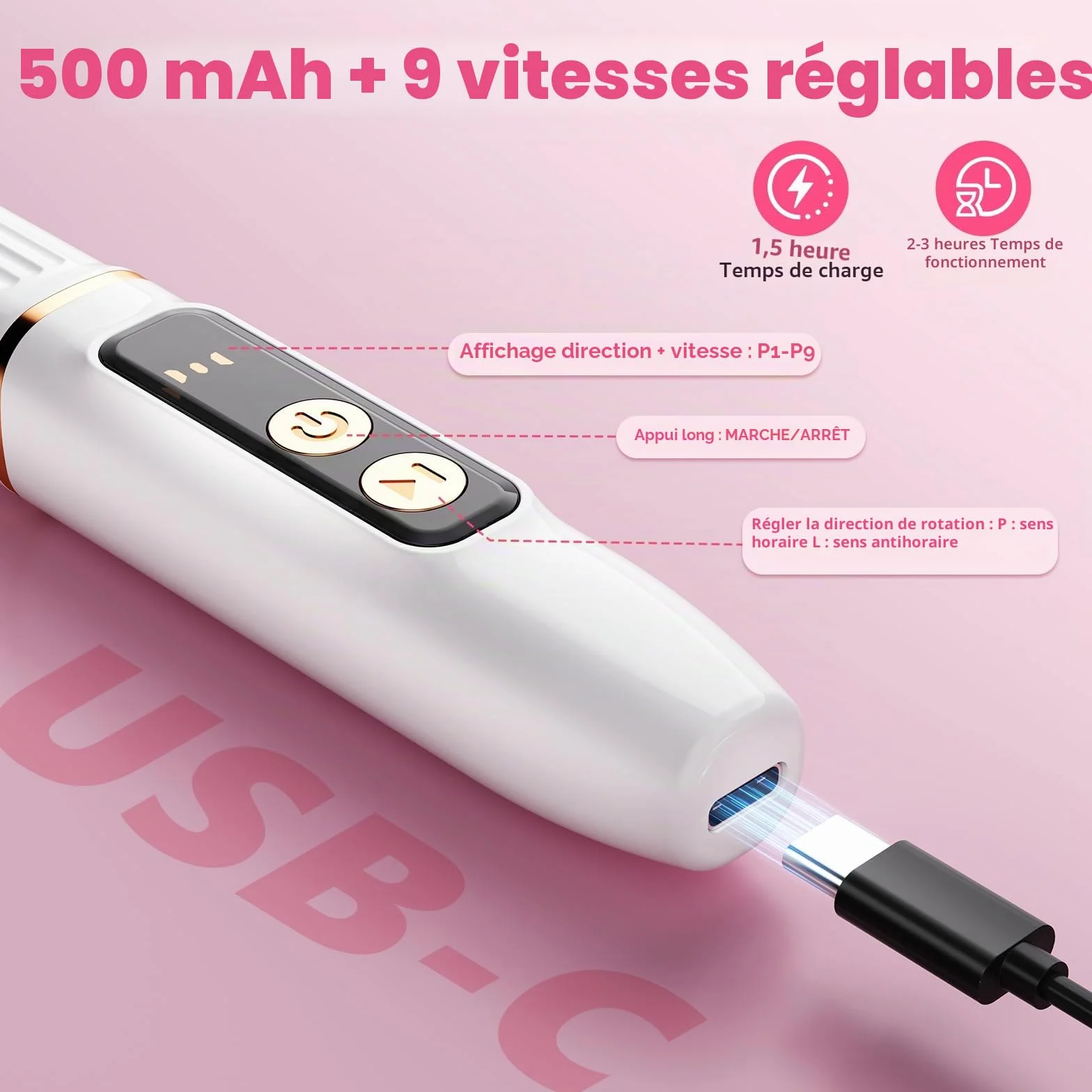 Ponceuse pour Ongles Professionnel 35000RPM Sans Fil, Écran LED LCD, Rechargeable Type-C
